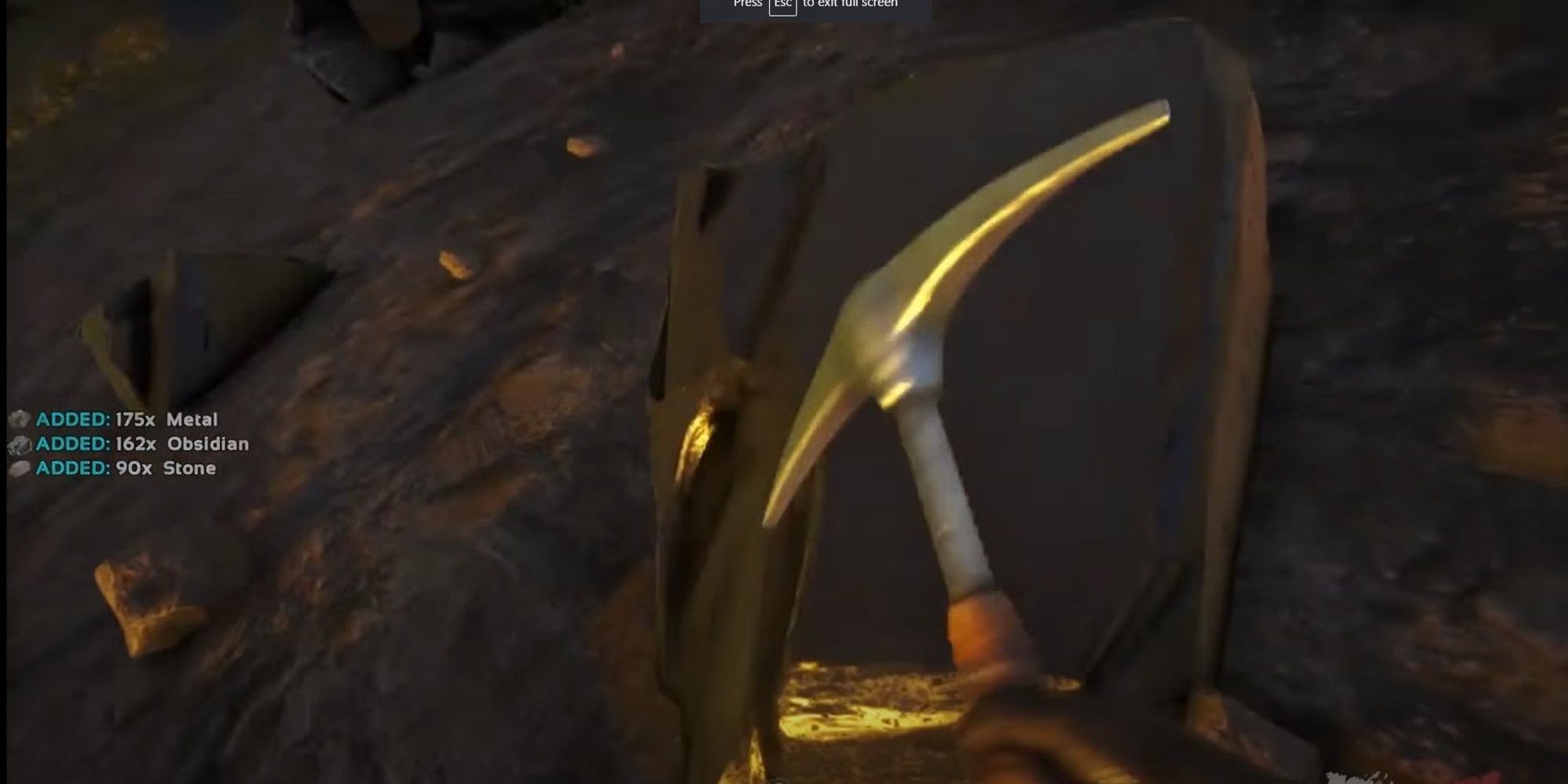 An Ark Survival Evolved character is using a pickaxe to find obsidian on The Island map.