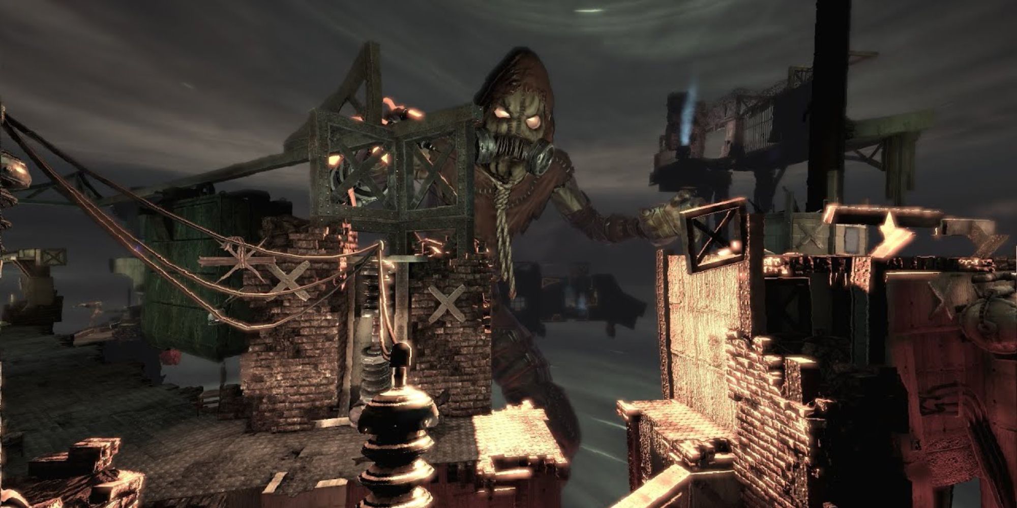 Batman Arkham Asylum gameplay screenshot of Scarecrow searching for Batman in his level.