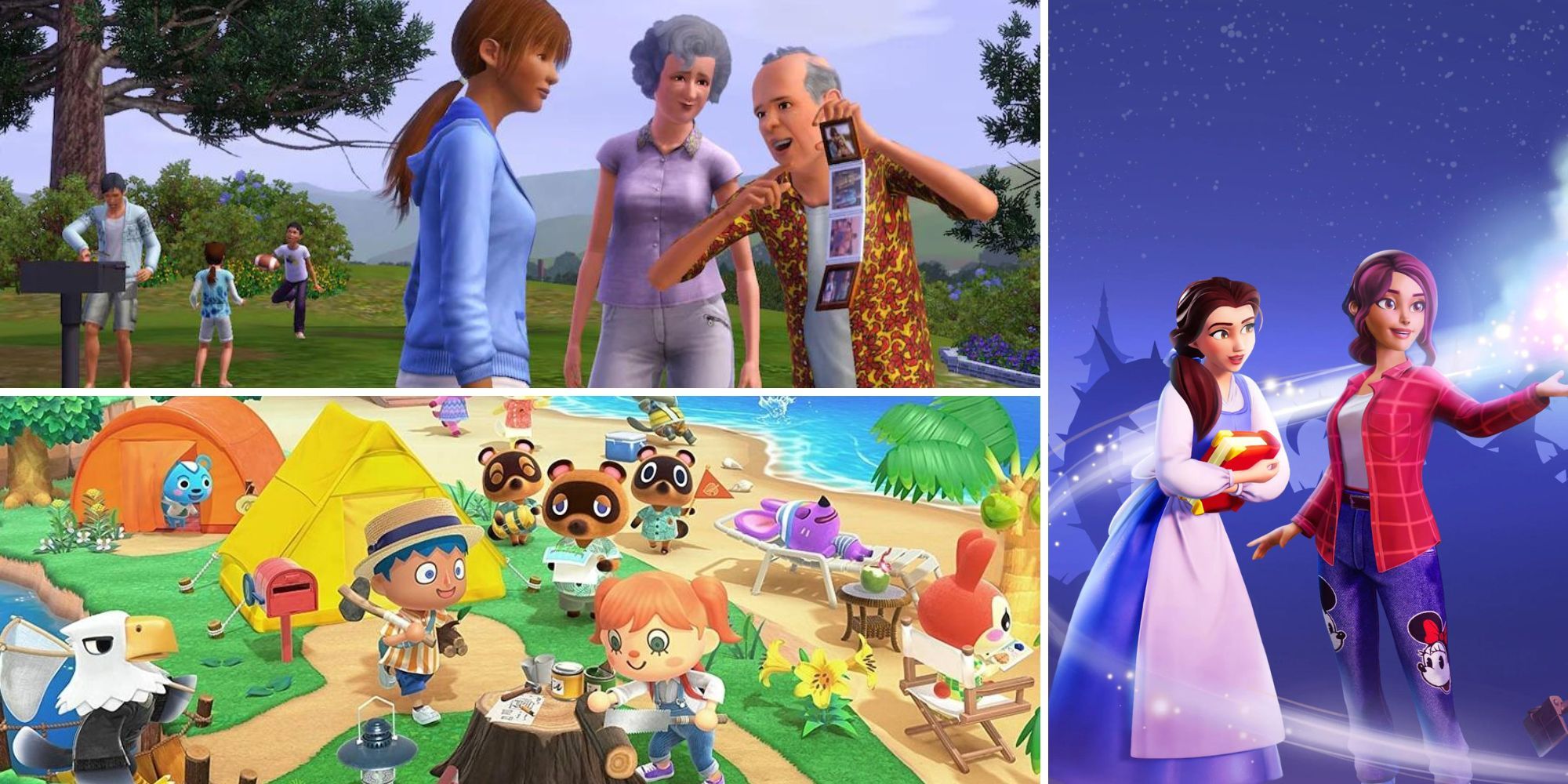 Collage of the best Life Simulators (The Sims 3, Animal Crossing, Disney Dreamlight Valley)