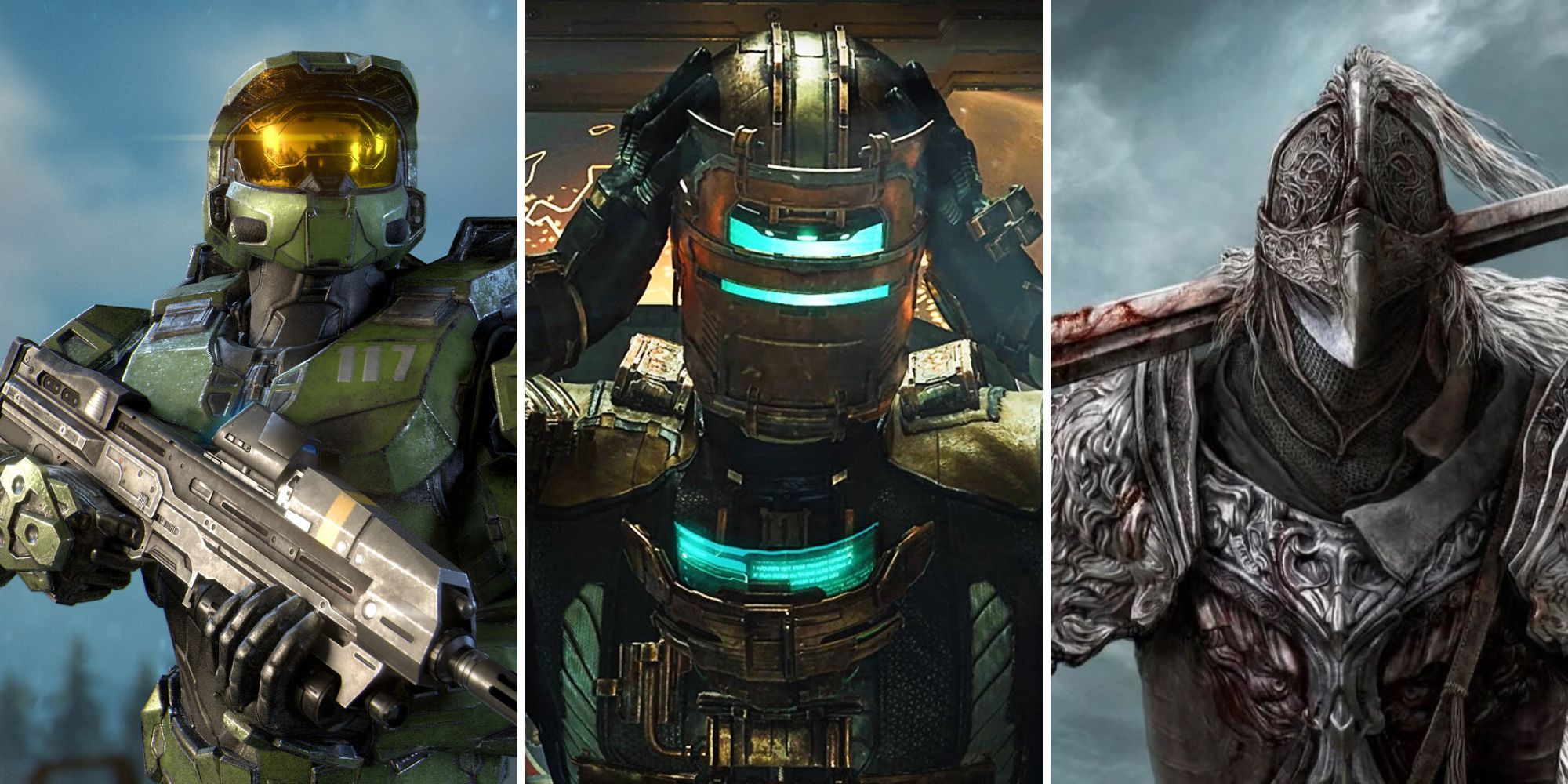 Collage of the Most Iconic Suits of Armor (Halo, Dead Space, Elden Ring)