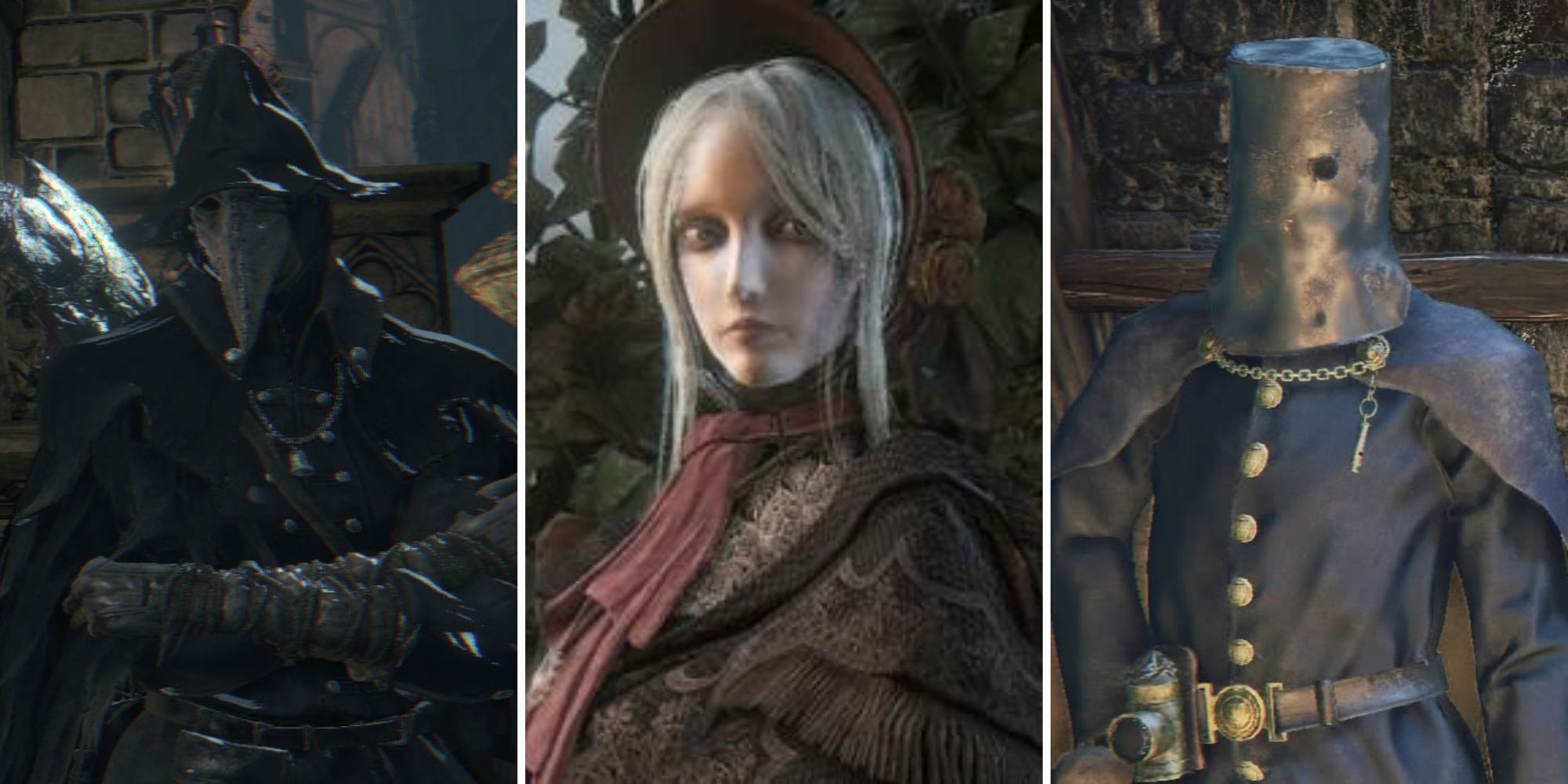 Collage of iconic Bloodborne NPCs (The Doll, Eileen the Crow, Valtr)