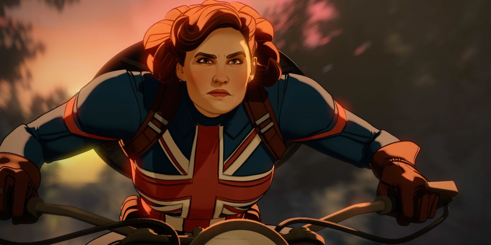 Captain Carter rides her bike with her shield strapped to her back in what ifs