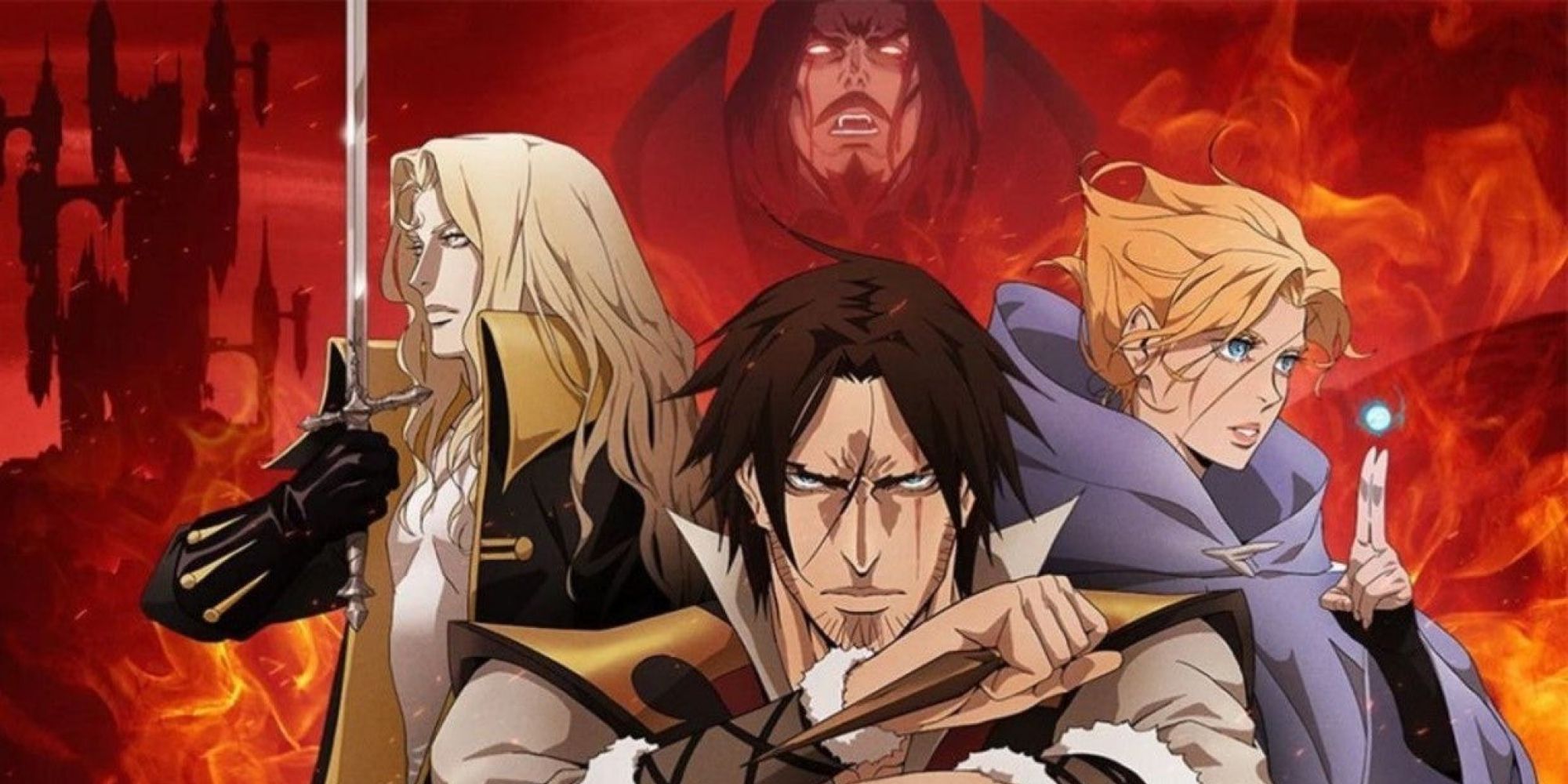 Alucard, Trevor, and Sypha in battle poses before Dracula on a fiery backdrop