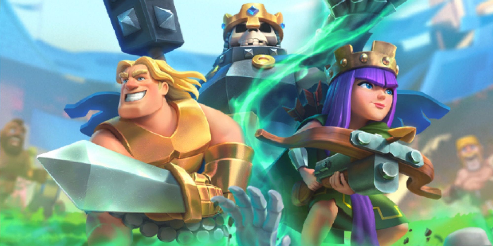Clash Royale: Golden Knight left, Skeleton King middle, Archer Queen right