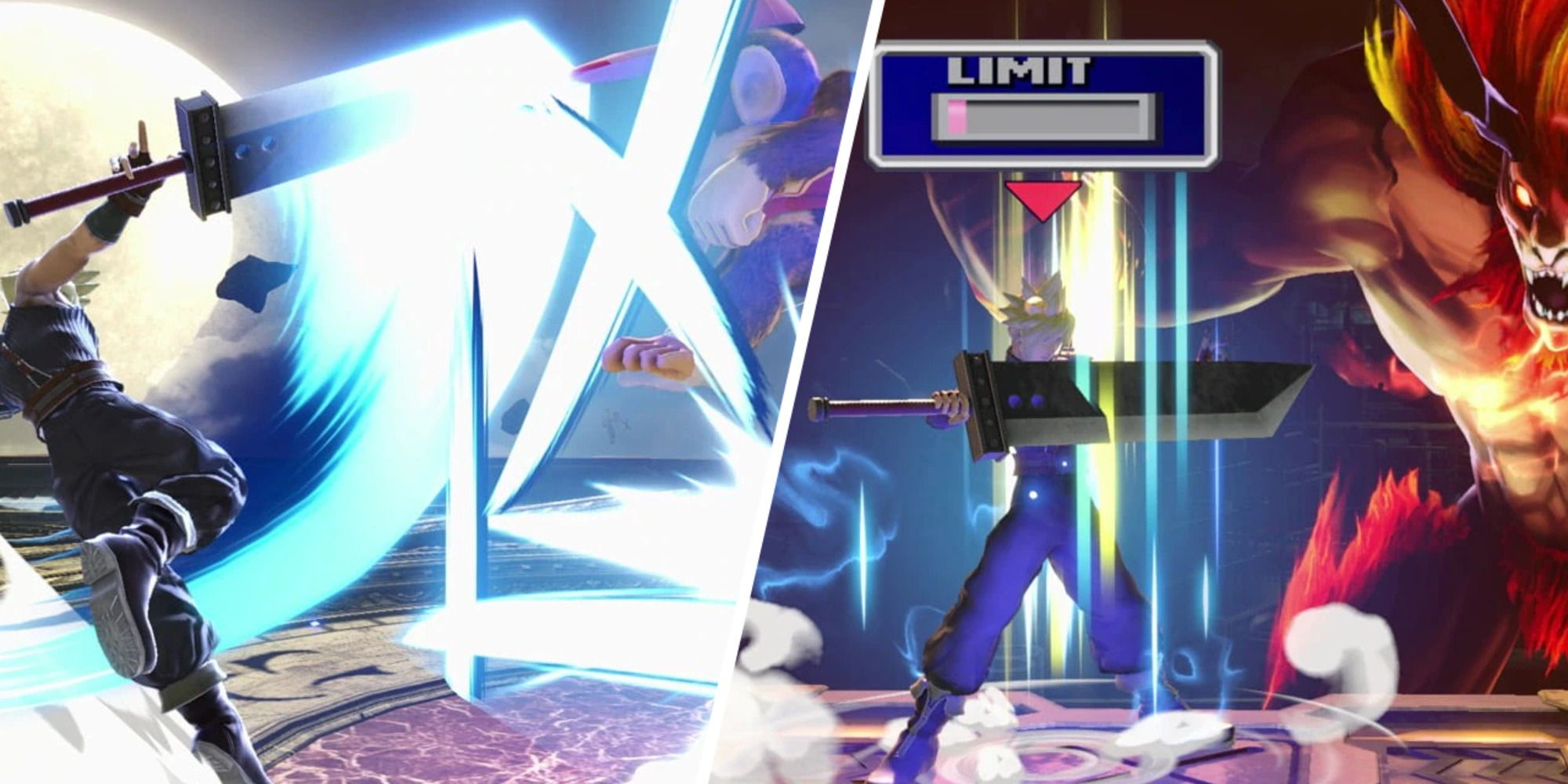 Cloud using his Limit Side-B on Diddy Kong and charging his Limit with Down-B in Super Smash Bros. Ultimate.