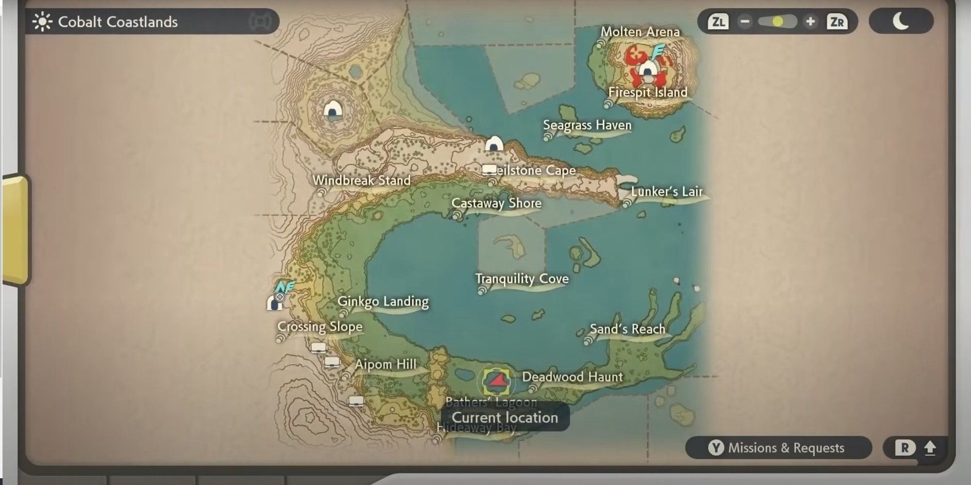The Cobalt Coastlands map shows the various areas in this region as well as the Pokemon Legends Arceus character's current location.