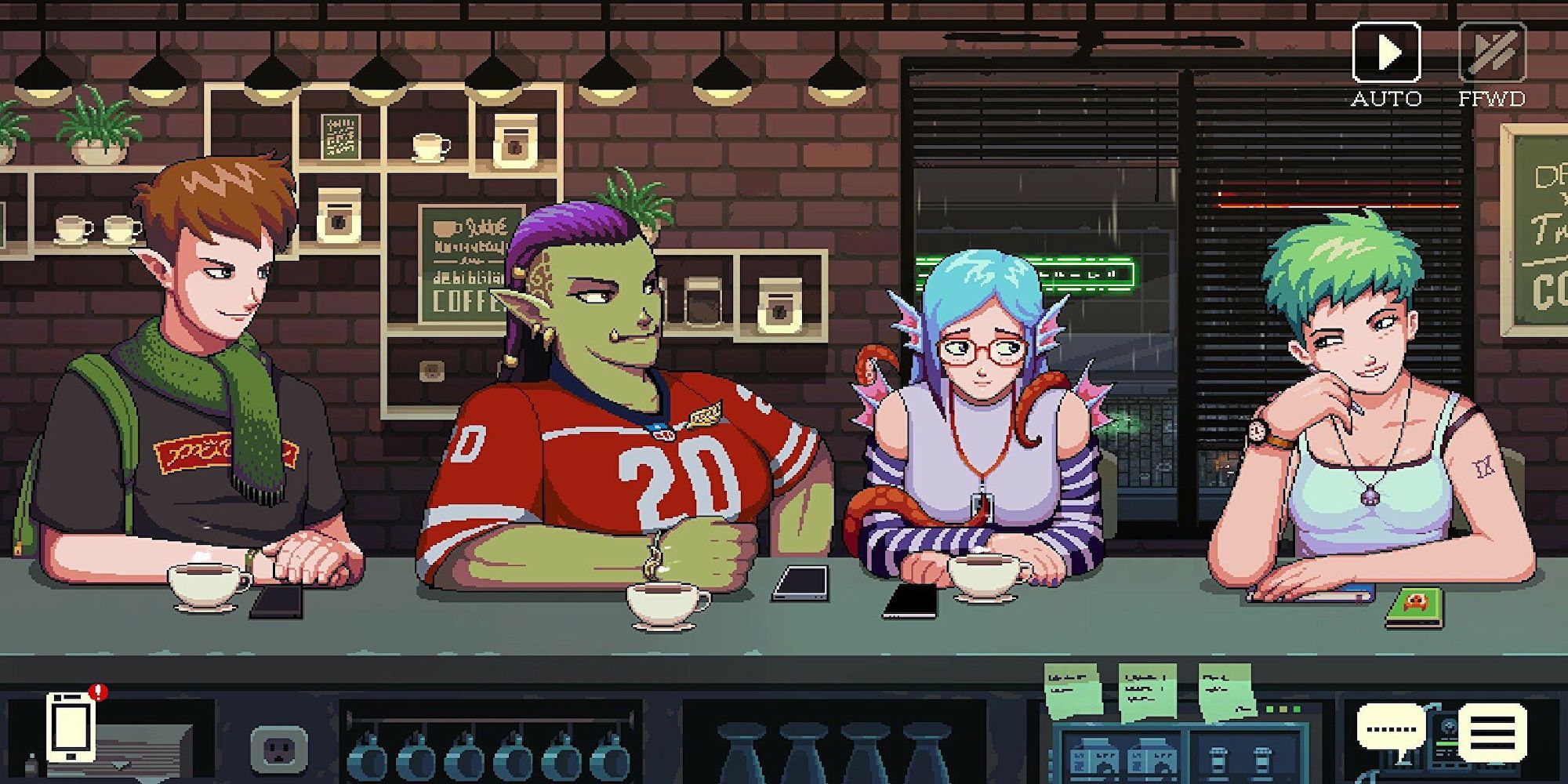 Various characters sitting at the counter (Coffee Talk)