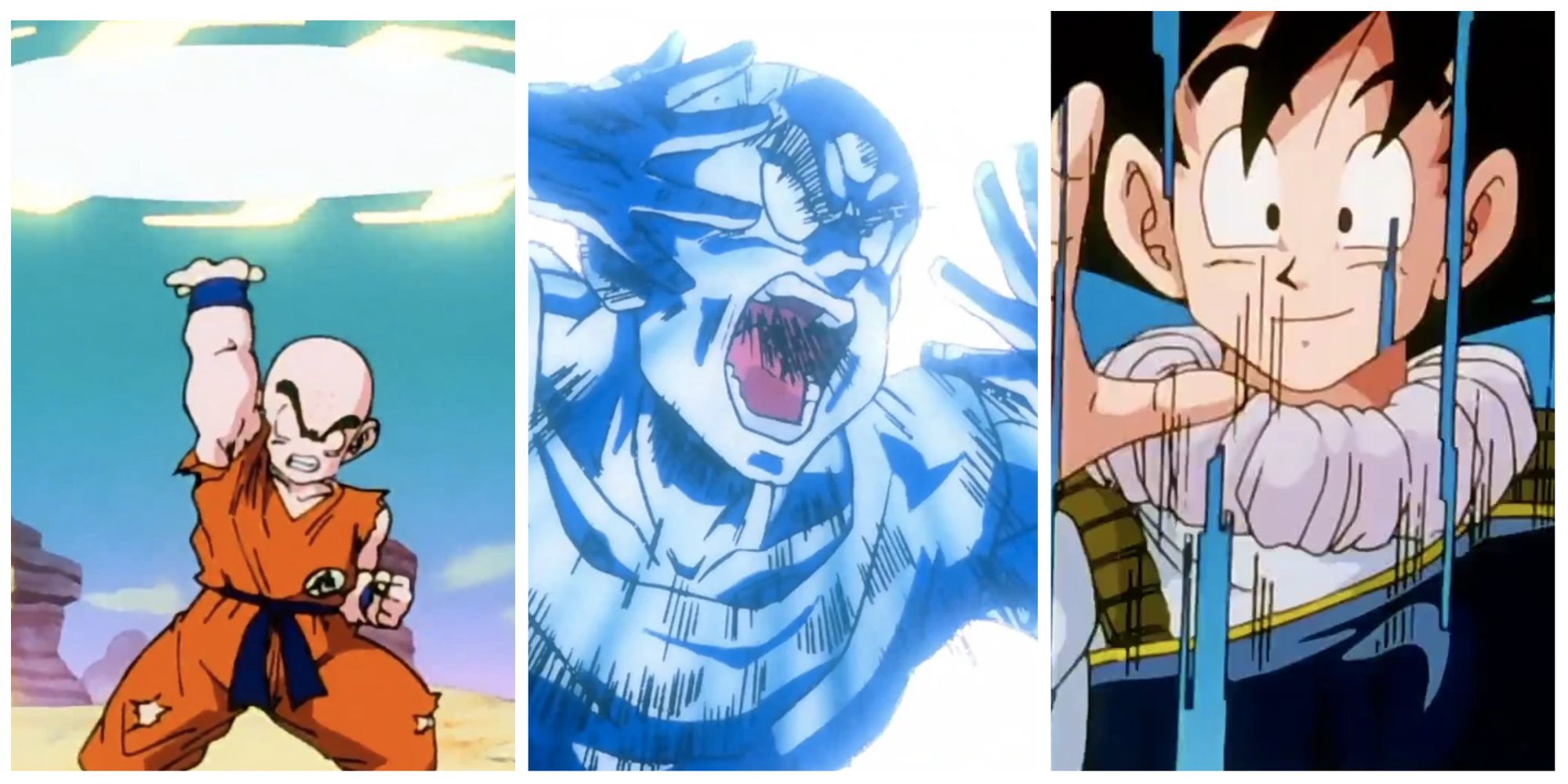 krillin, goku, and tien using different moves