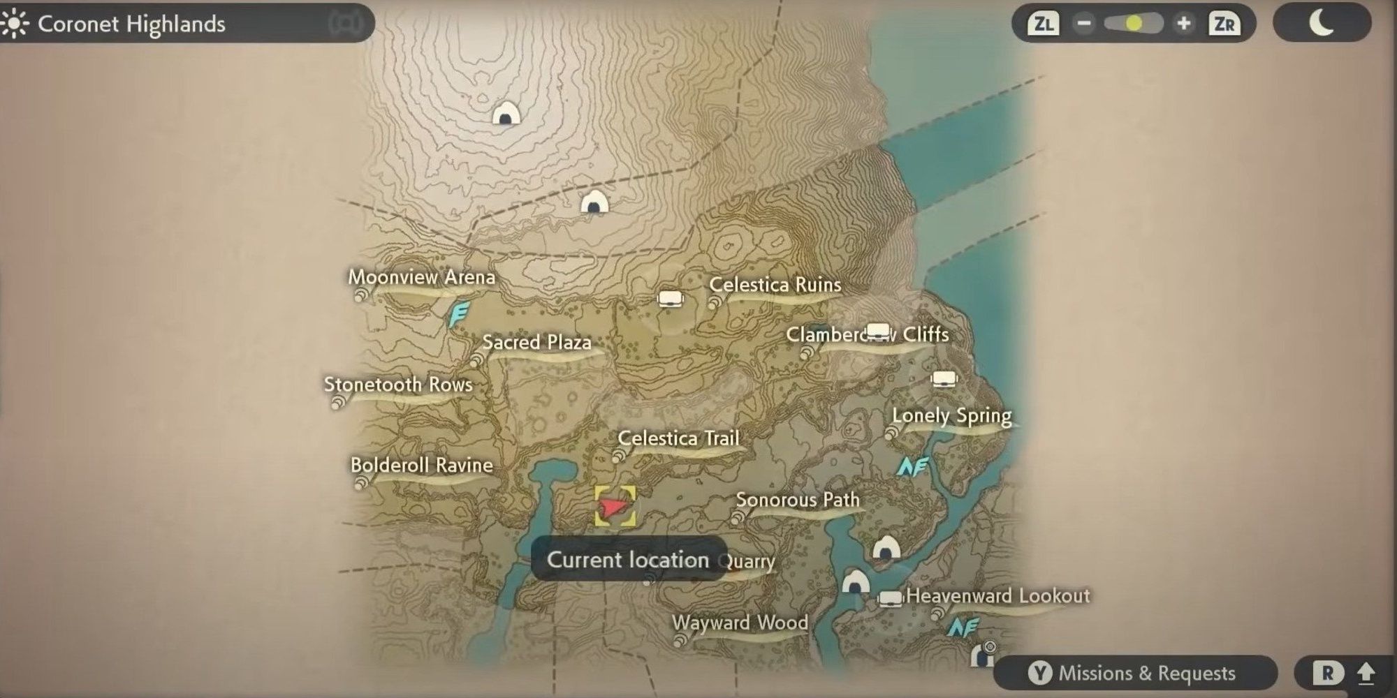 Coronet Highlands map in the game Pokemon Legends Arceus showcasing the different areas in this region as well as the character's current location.