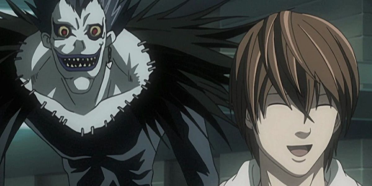 Two characters from the Death Note anime, Light Yagami and Ryuk pictured sharing a laugh together.