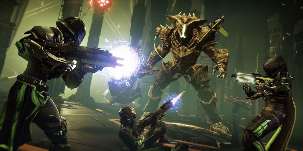 Three Guardians Fighting An Enemy While Match Game Is Active In Destiny 2