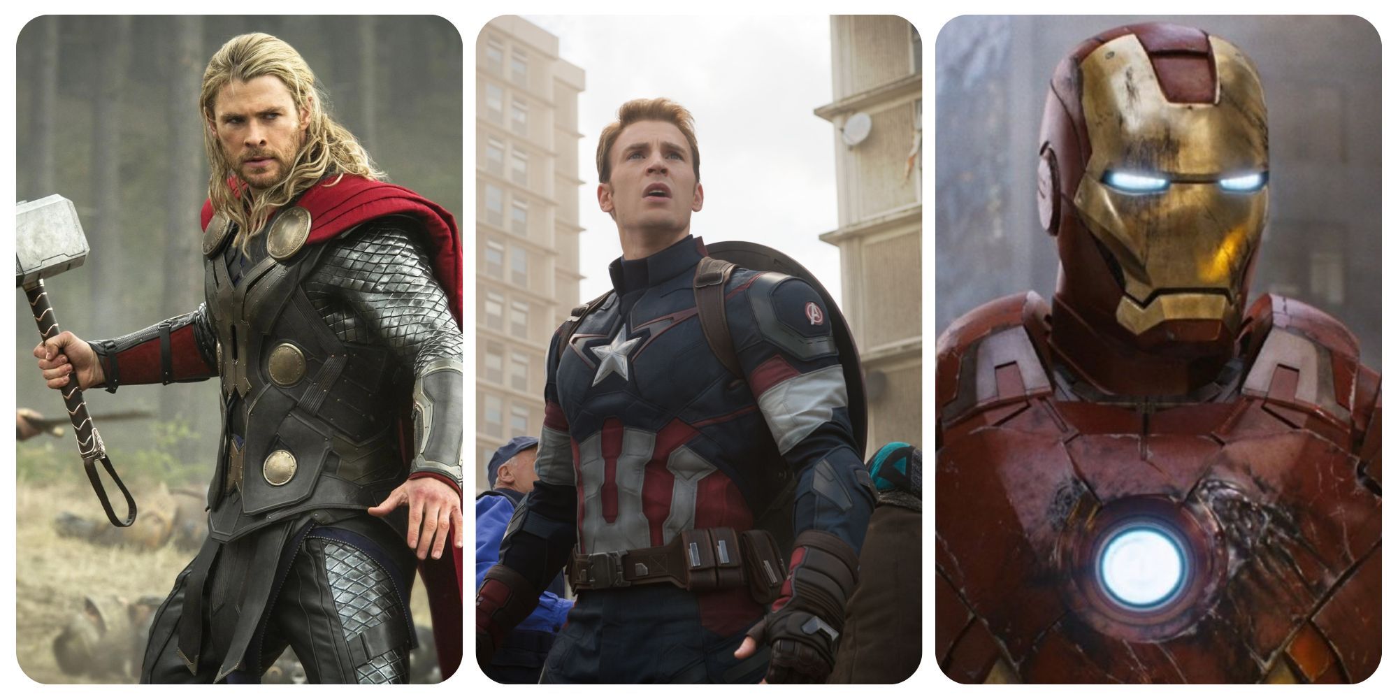 Split image Thor wielding hammer, Captain America in surprise and armored Iron Man