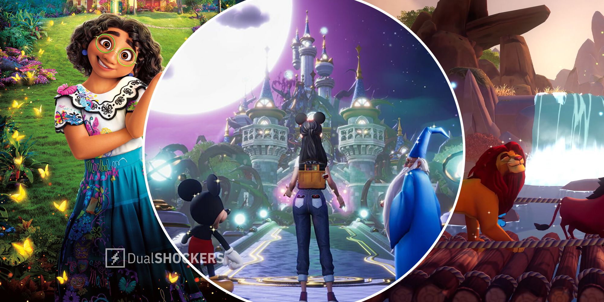 Disney Dreamlight Valley Mirabel from Encanto, promo image with Mickey and Merlin, Mufasa from The Lion King
