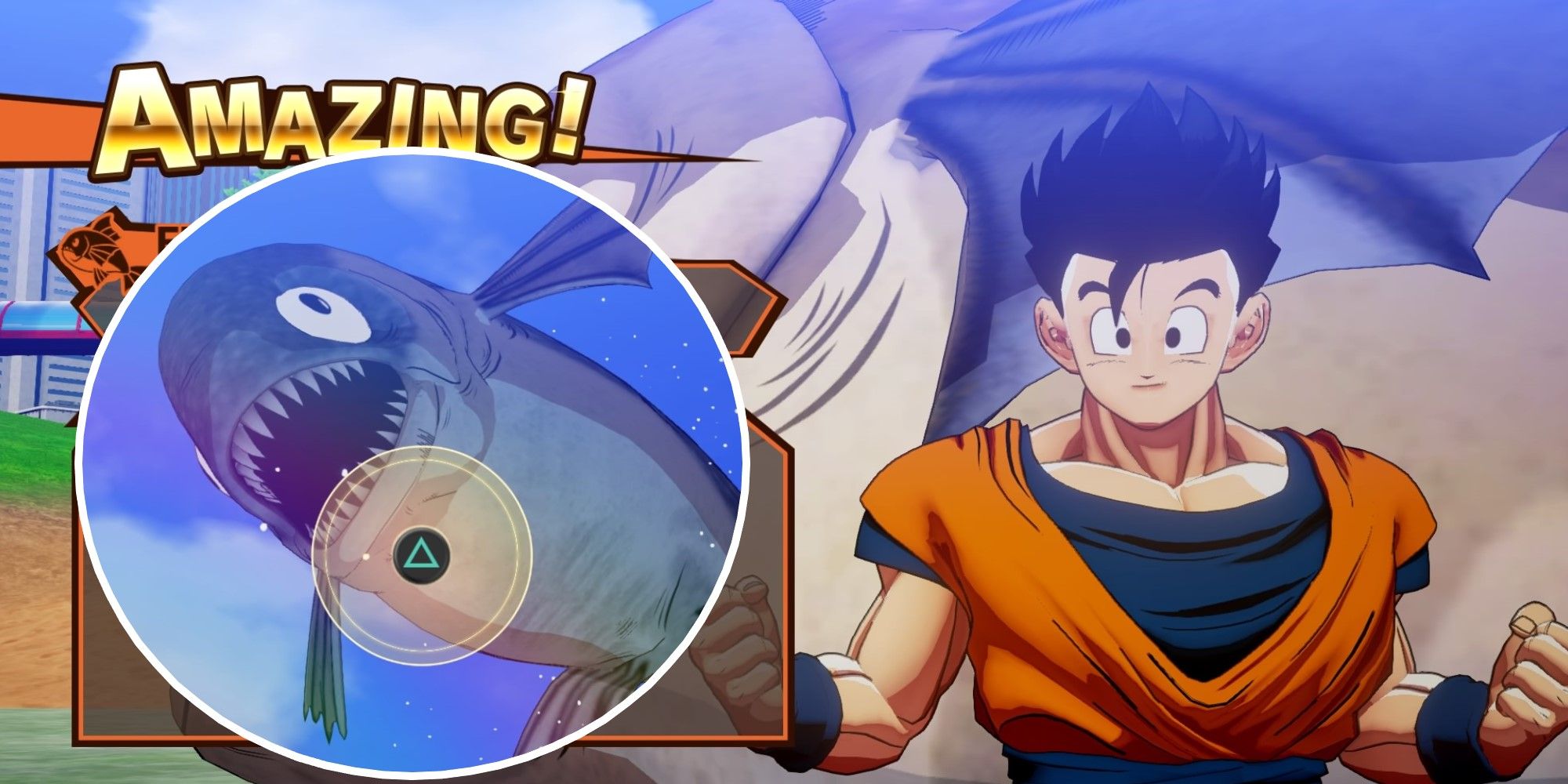 Dragon Ball Z Kakarot Split Image Gohan after catching a fish with Fish during quick time event to catch it
