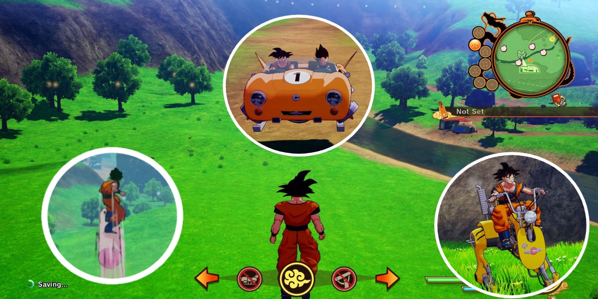 Dragon Ball Z Kakarot Split Image Goku selecting Flying Nimbus from vehicle selection with Goku on Tao Pai Pai Pillar and Goku in Robo Walker and Goku in Hovercar