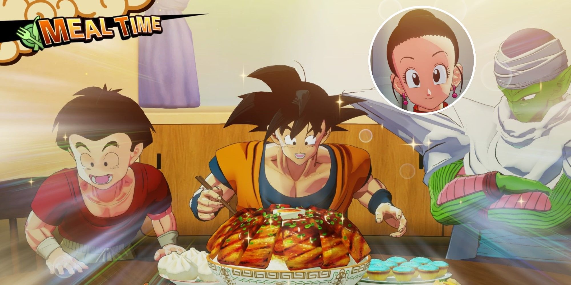 Dragon Ball Z Kakarot Split Image Goku Krillin and Piccolo meal time with Chi-Chi
