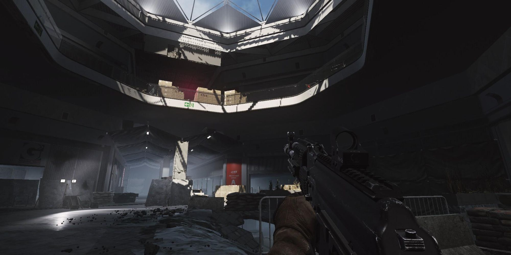 Escape From Tarkov Interchange Holding AK-47 Looking Up At Skylight