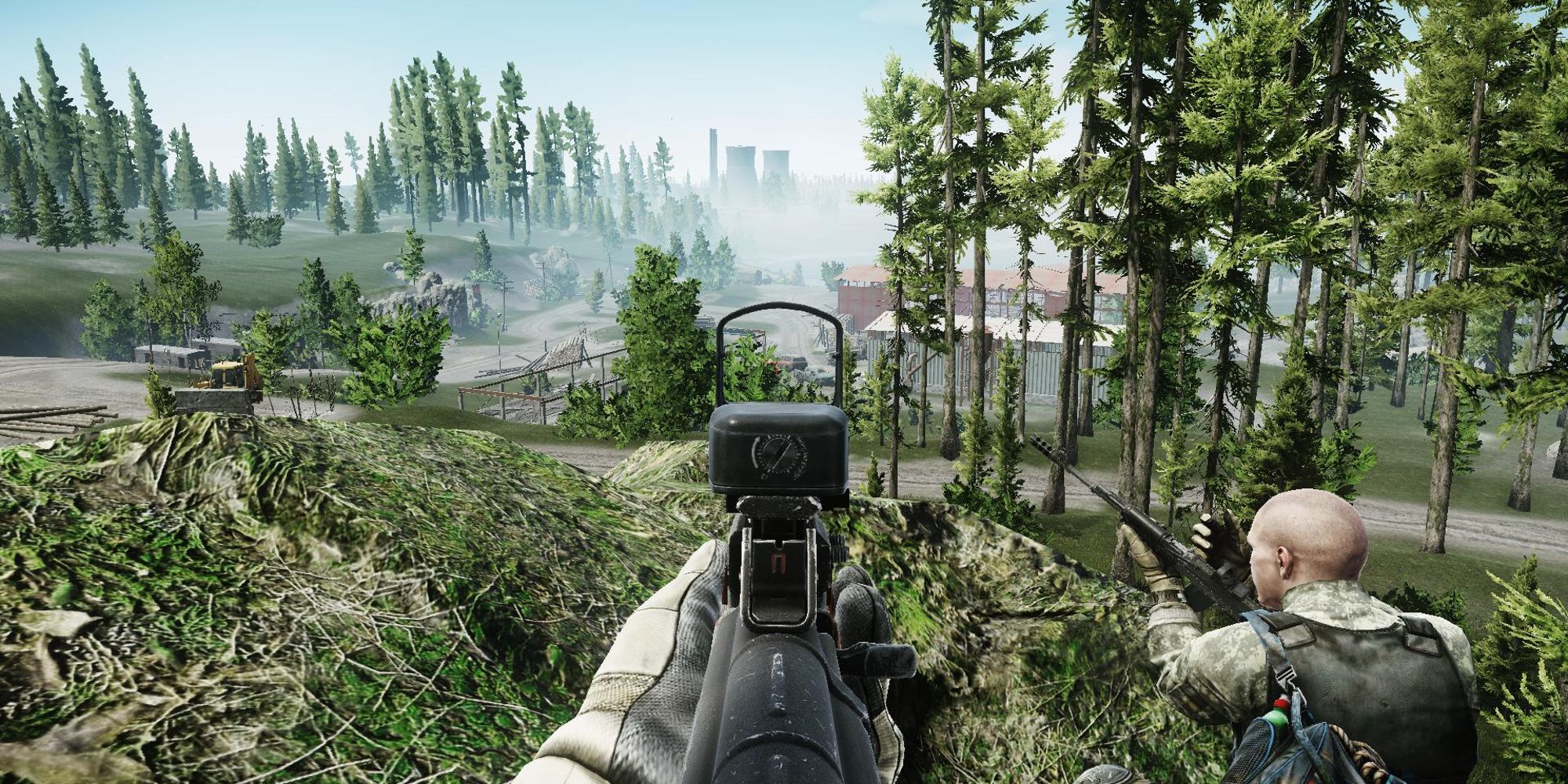Escape From Tarkov Woods Co Op Partner Aiming Down Sights At Enemy