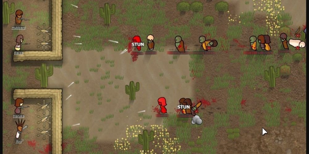 Pawns fire guns from behind barricades at a number of zombie pawns approaching them