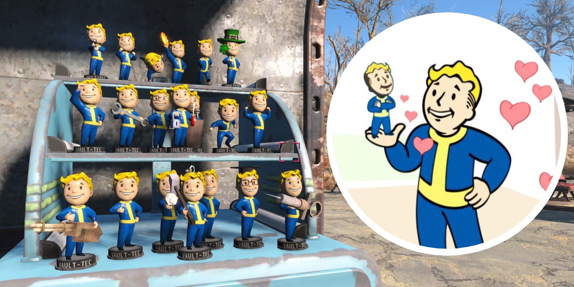 Fallout 4 Split Image Bobblehead Display Rack With All Bobbleheads And They're Not Dolls Achievement