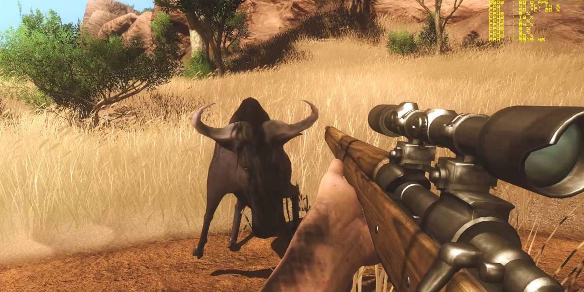 Far Cry 2 Aiming Rifle At Attacking Buffalo