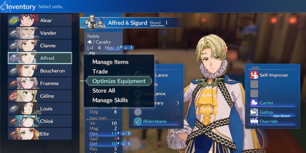 Fire Emblem Engage Alfred & Sigurd is highlighted in the inventory tab