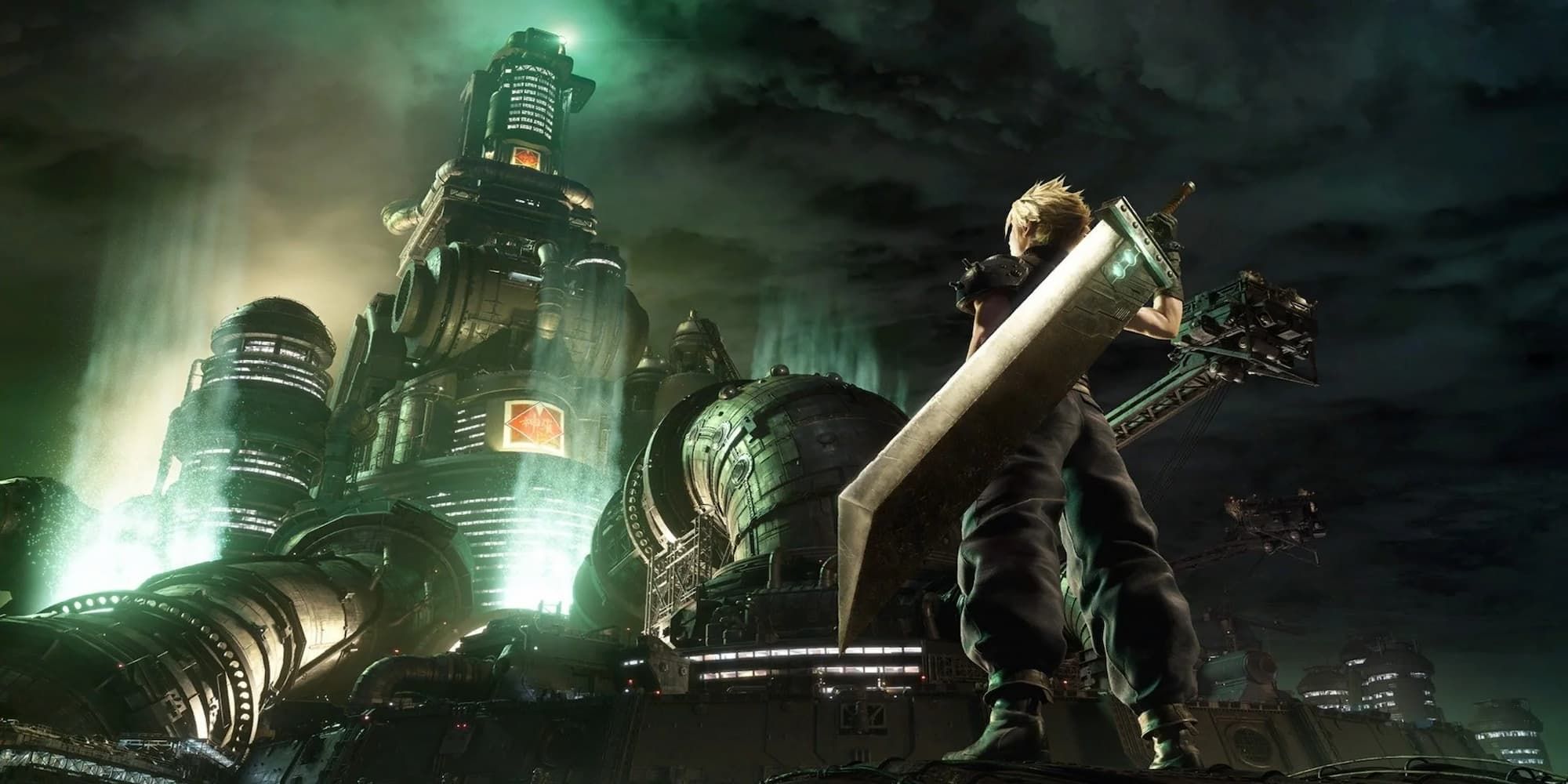 Cloud Standing In Front Of The Shinra Building