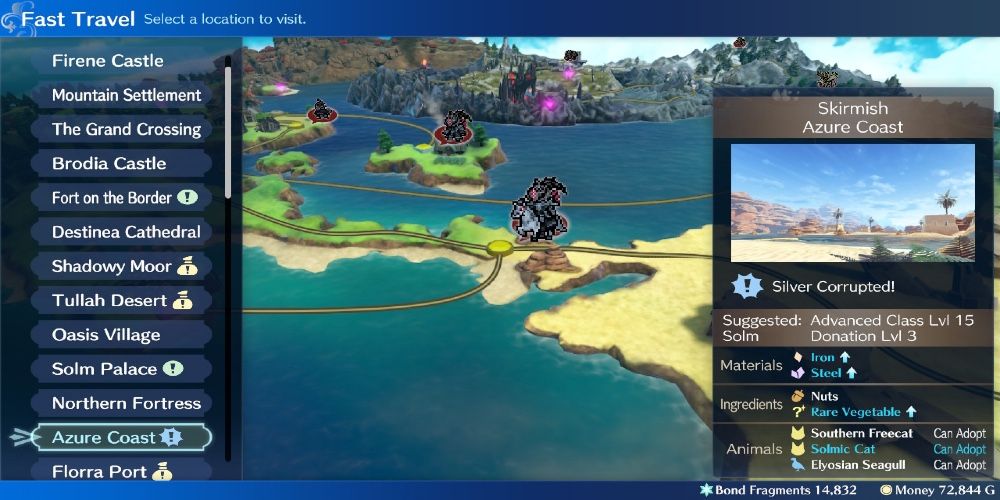 Fire Emblem Engage Map Showing Materials, Ingredients, And Animals Available At Azure Coast