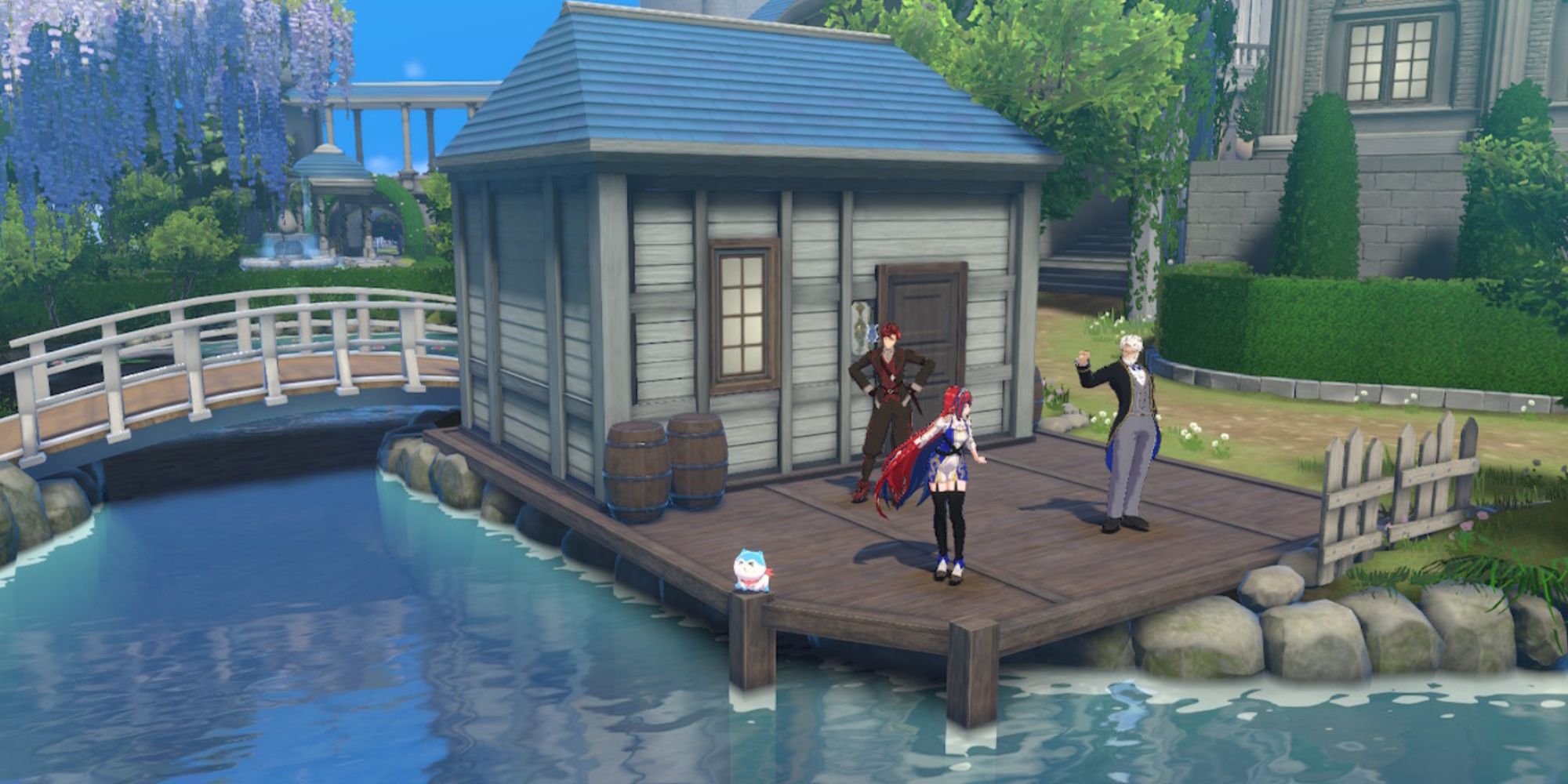 Alear, Vander, and Diamant standing on dock by water