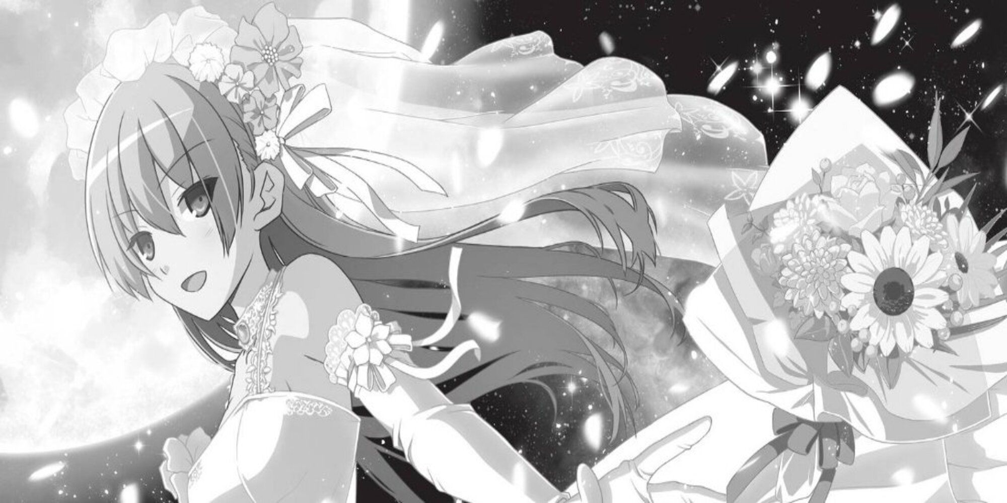 Tsukasa Yuzaki wears a wedding dress in a black and white manga image.