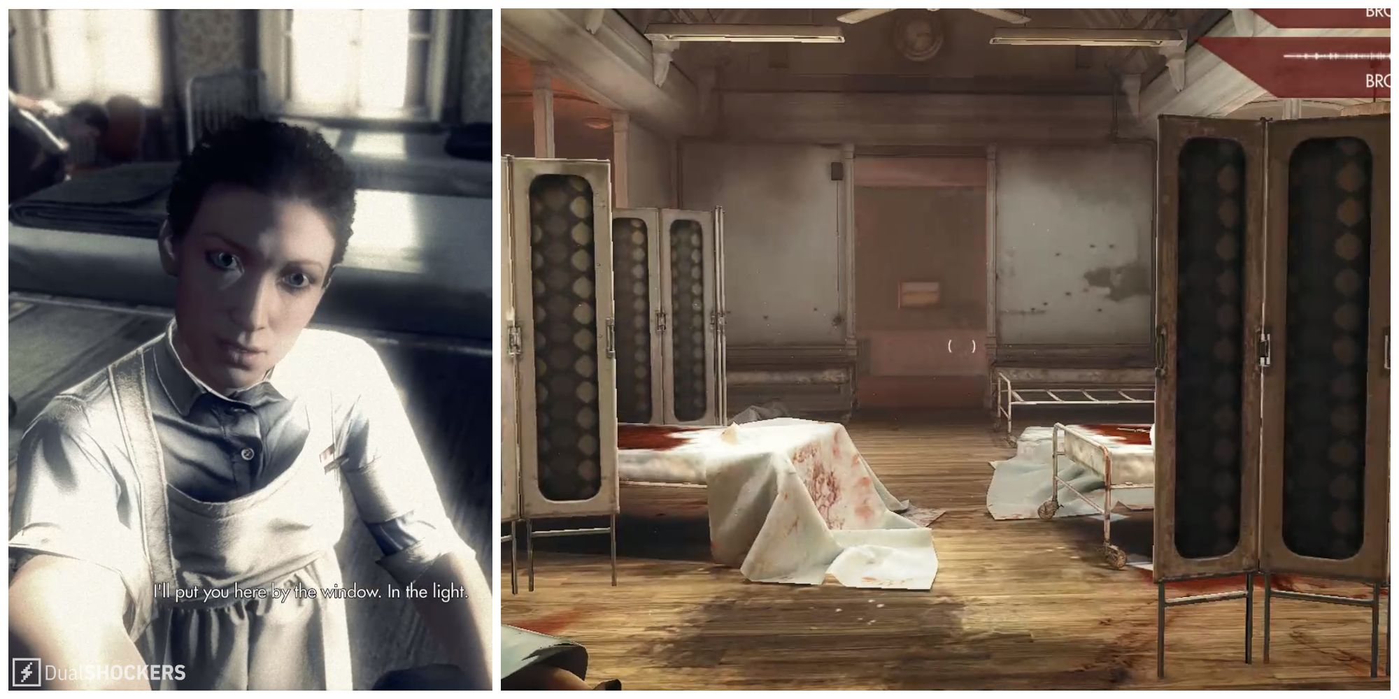 Split image of Anya in a cutscene and the main room of the Asylum in Wolfenstein: The New Order.