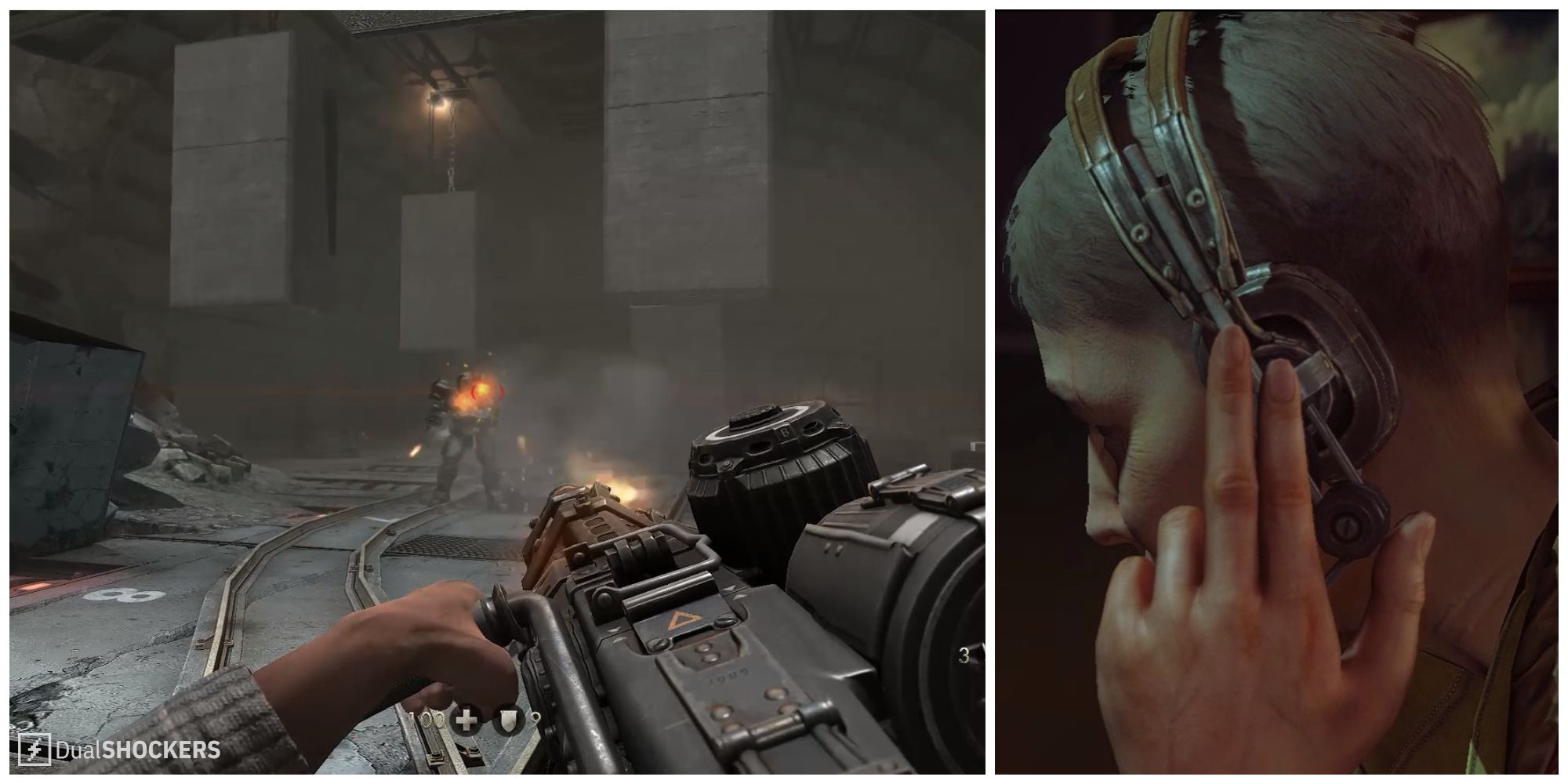 Split image of Blazkowicz in battle with an enemy robot and Caroline in Chapter 9 of Wolfenstein: The New Order.