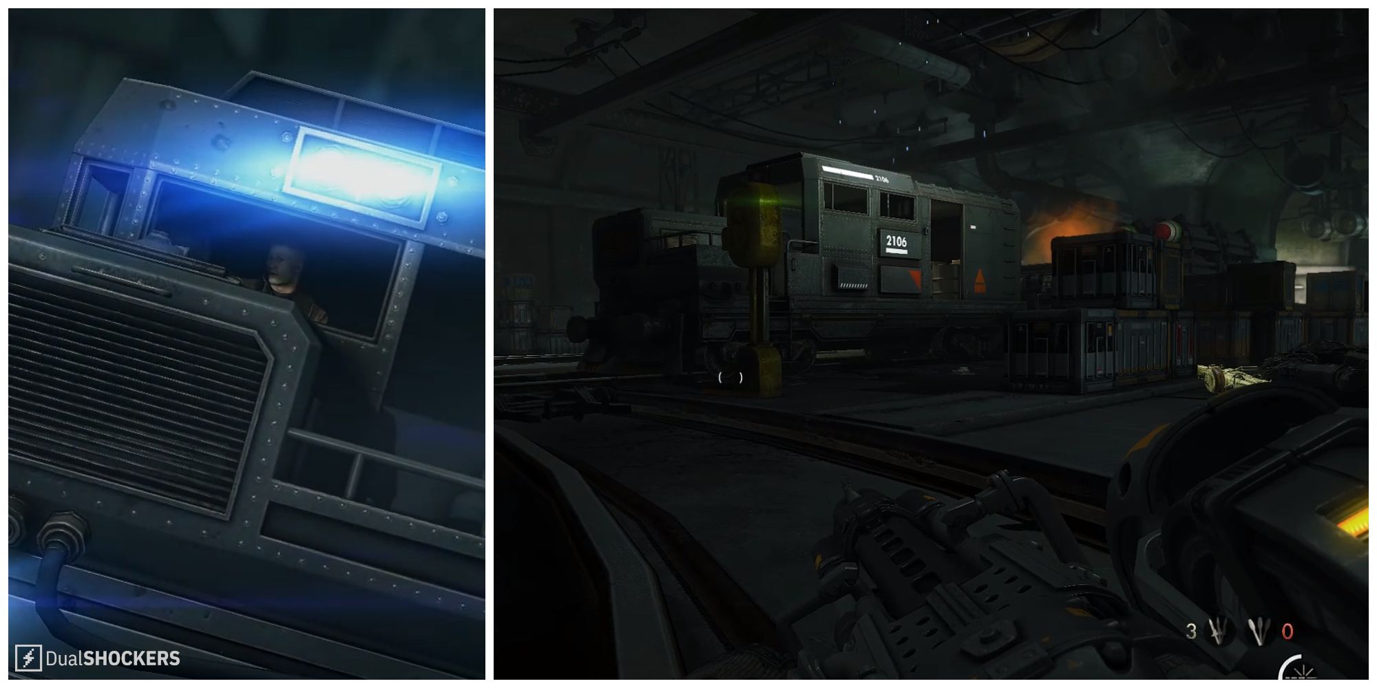 Split image of BJ Blazkowicz inside the train and gameplay inside the Berlin Catacombs in Wolfenstein: The New Order.