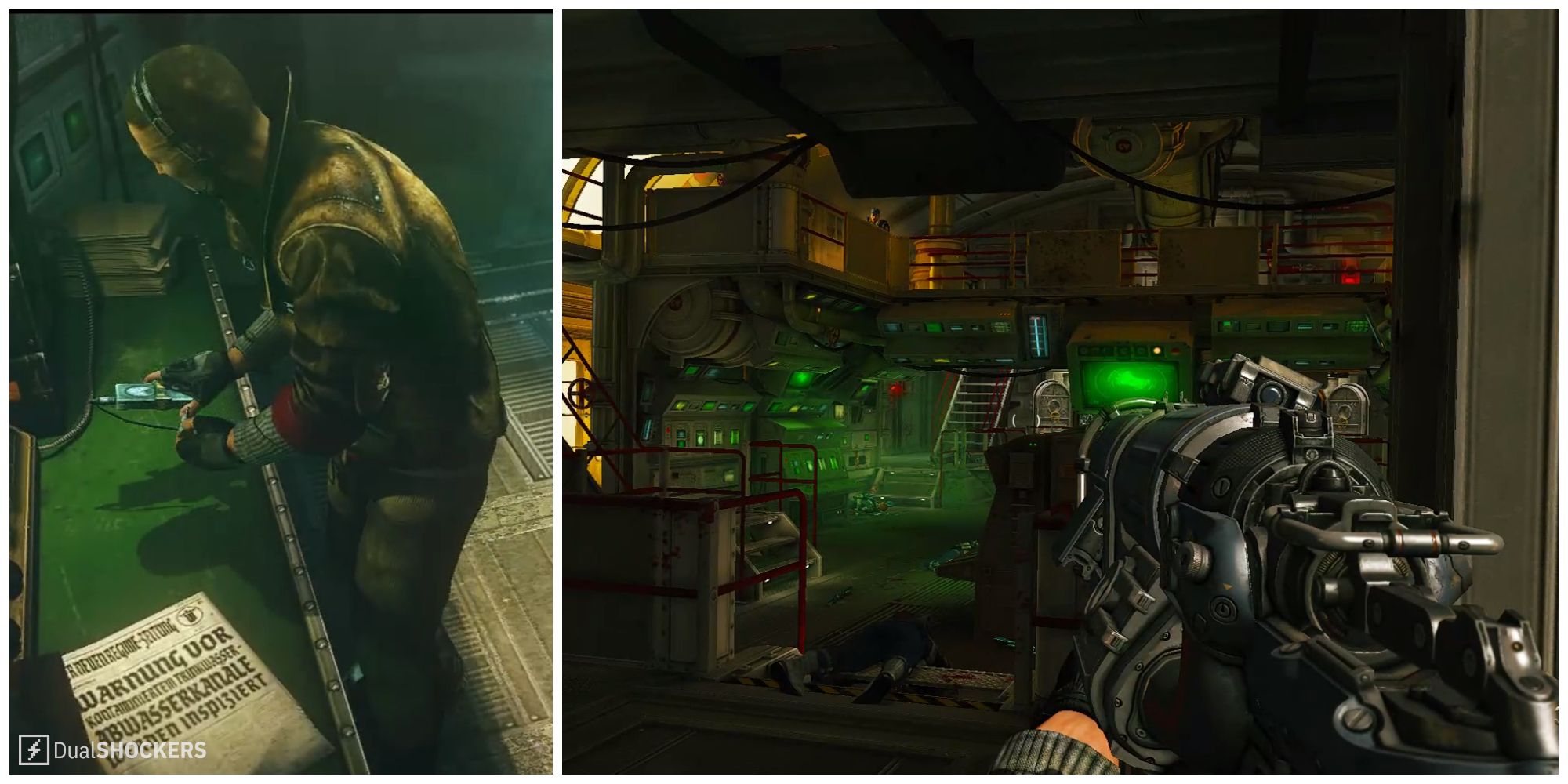 Split image of Blazkowicz on the left in a cutscene and gameplay inside the radio room of the U-Boat in Wolfenstein: The New Order.