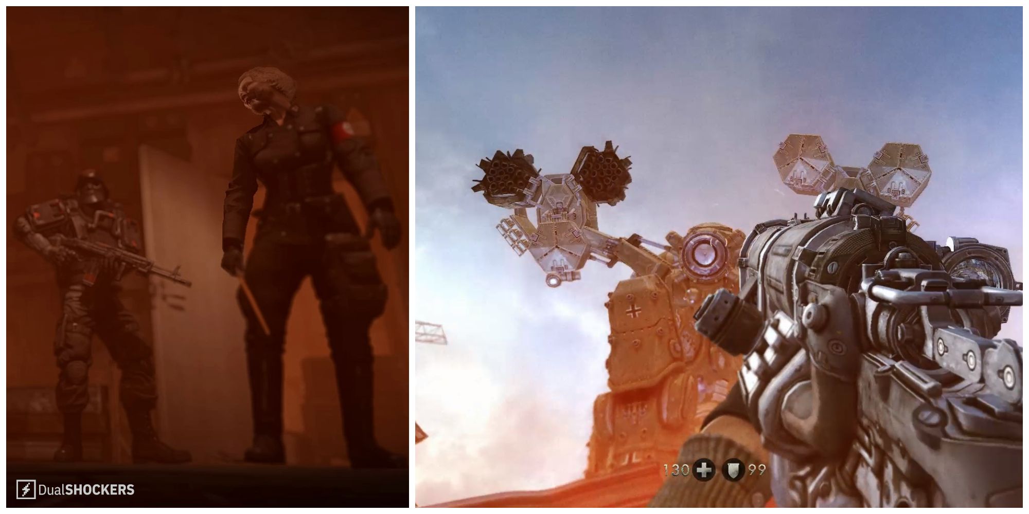 Split image of Frau Engel at the Kreisau Circle hideout and the London Monitor in the London Nautica mission in Wolfenstein: The New Order.