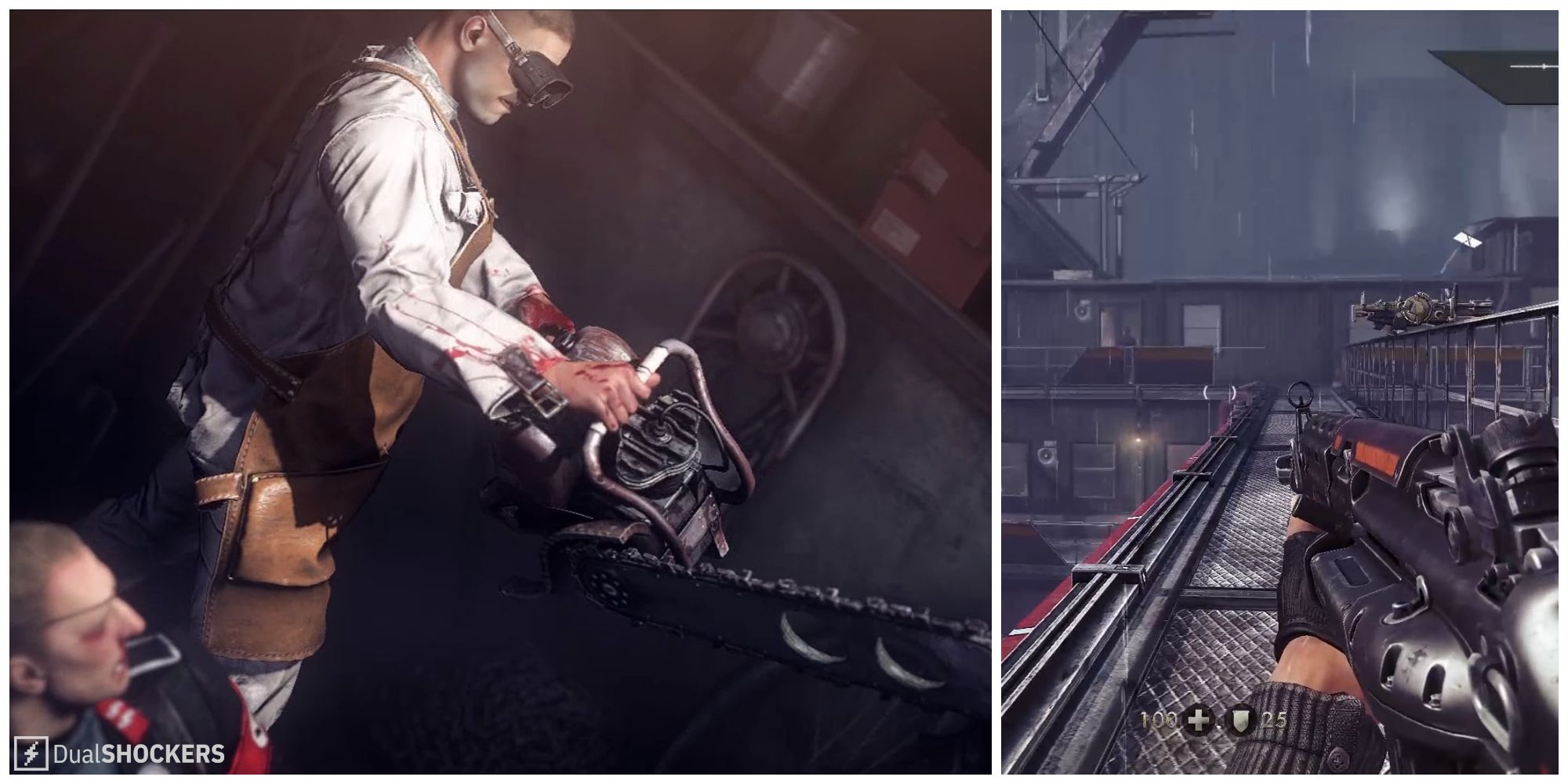 Split image of a cutscene in the A New World chapter and gameplay from the chapter in Wolfenstein: The New Order.