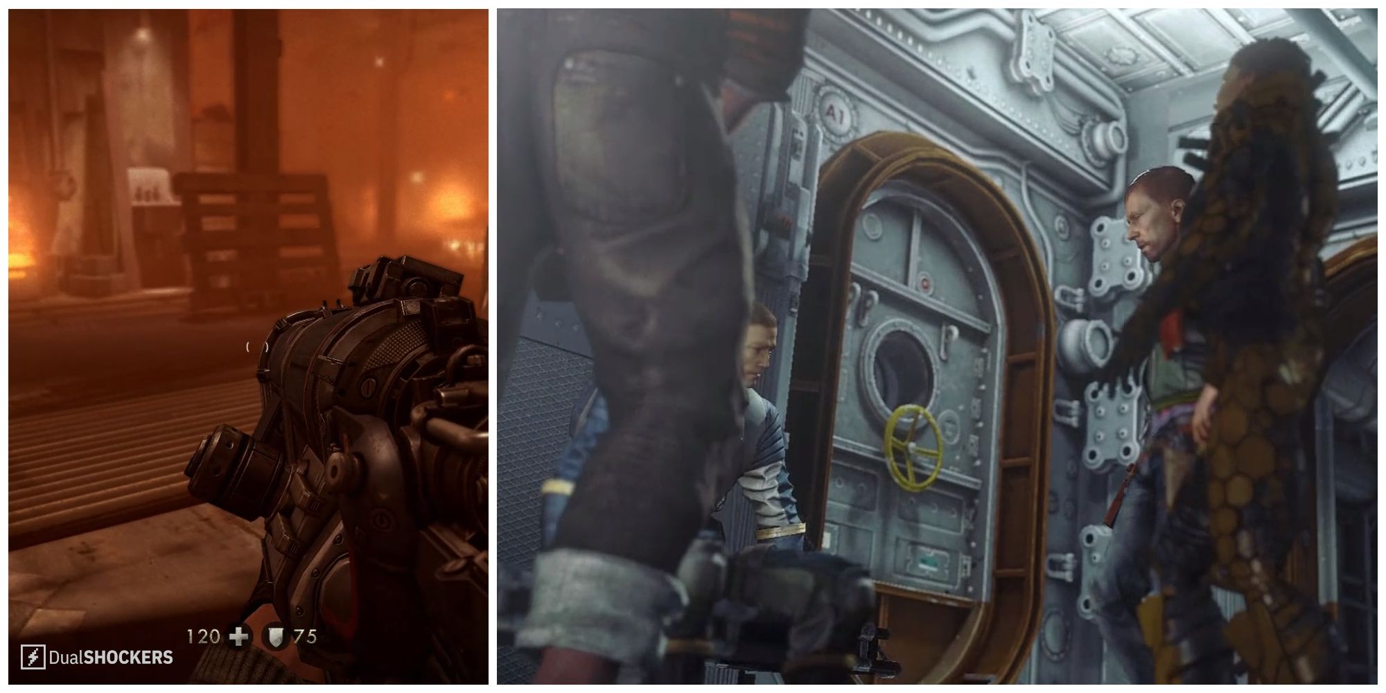 Split image of gameplay inside the Kreisau Circle hideout and Blazkowicz, Caroline, Max, and Fergus preparing to go to Deathshead's Compound in Wolfenstein: The New Order.