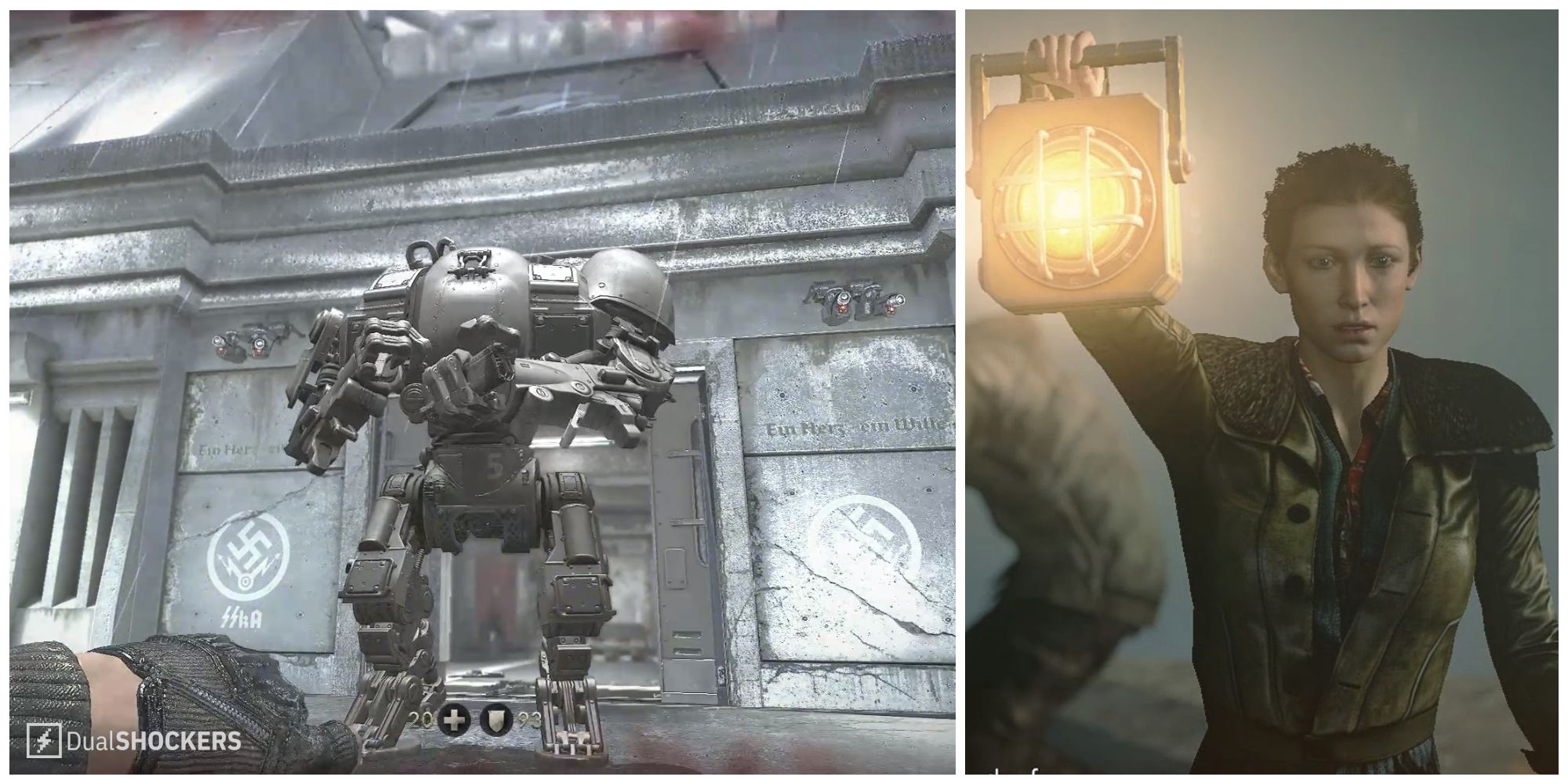 Split image of the beginning of the battle with Machine Man and Anya as the Kreisau Circle escapes the compound in Wolfenstein: The New Order.
