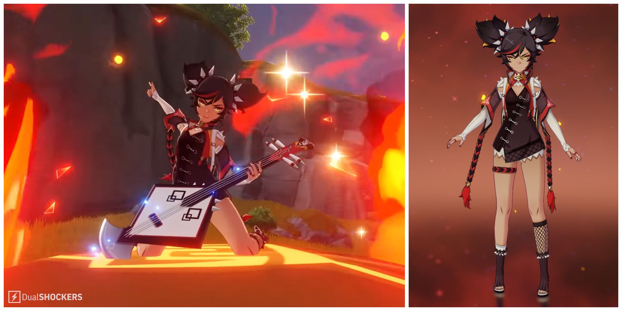 Split image of Xinyan in a character demo and Xinyan in her profile from Genshin Impact.