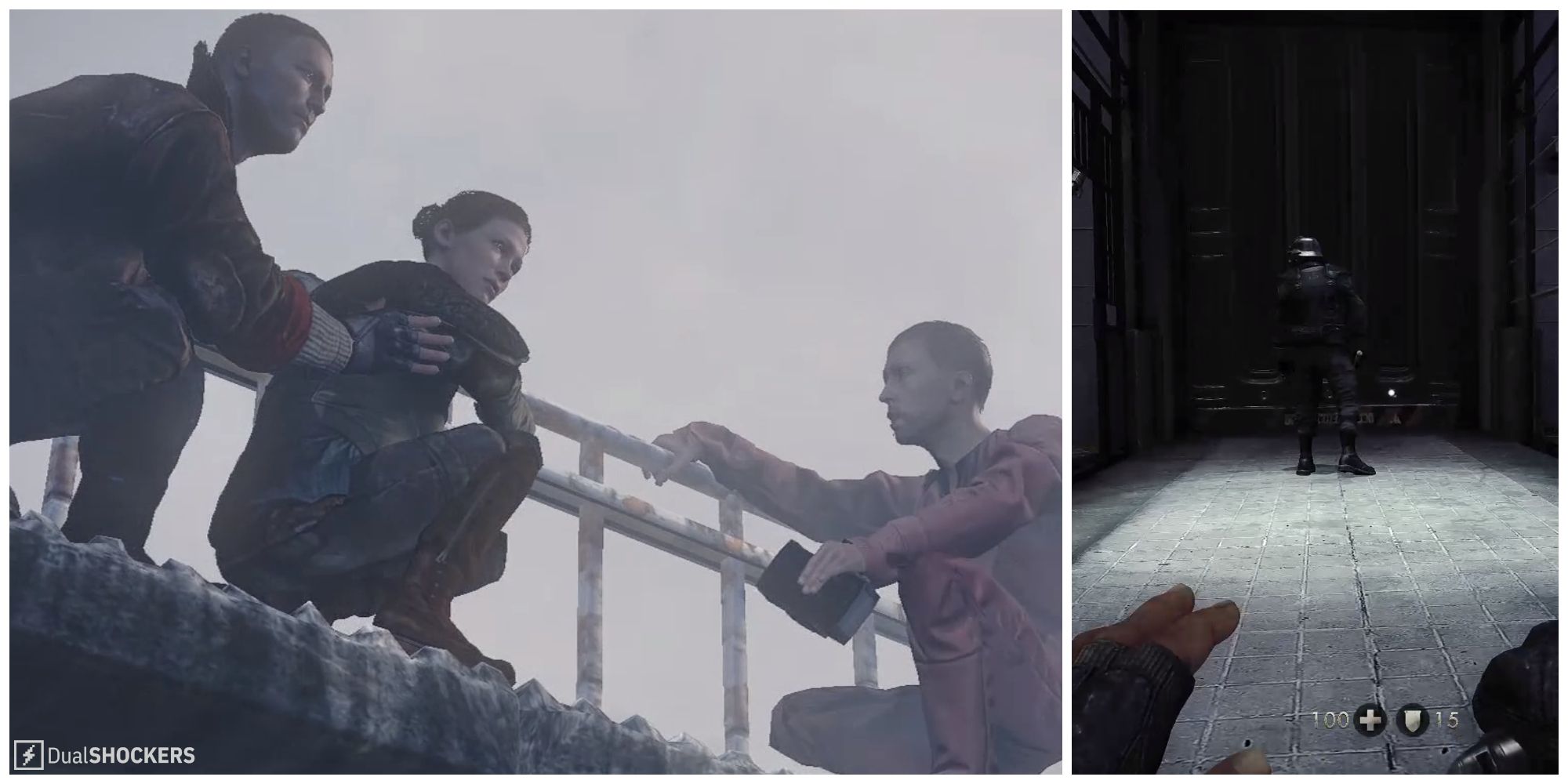 Split image of Blazkowicz, Anya, and Fergus escaping the prison and an enemy inside the prison in Wolfenstein: The New Order.