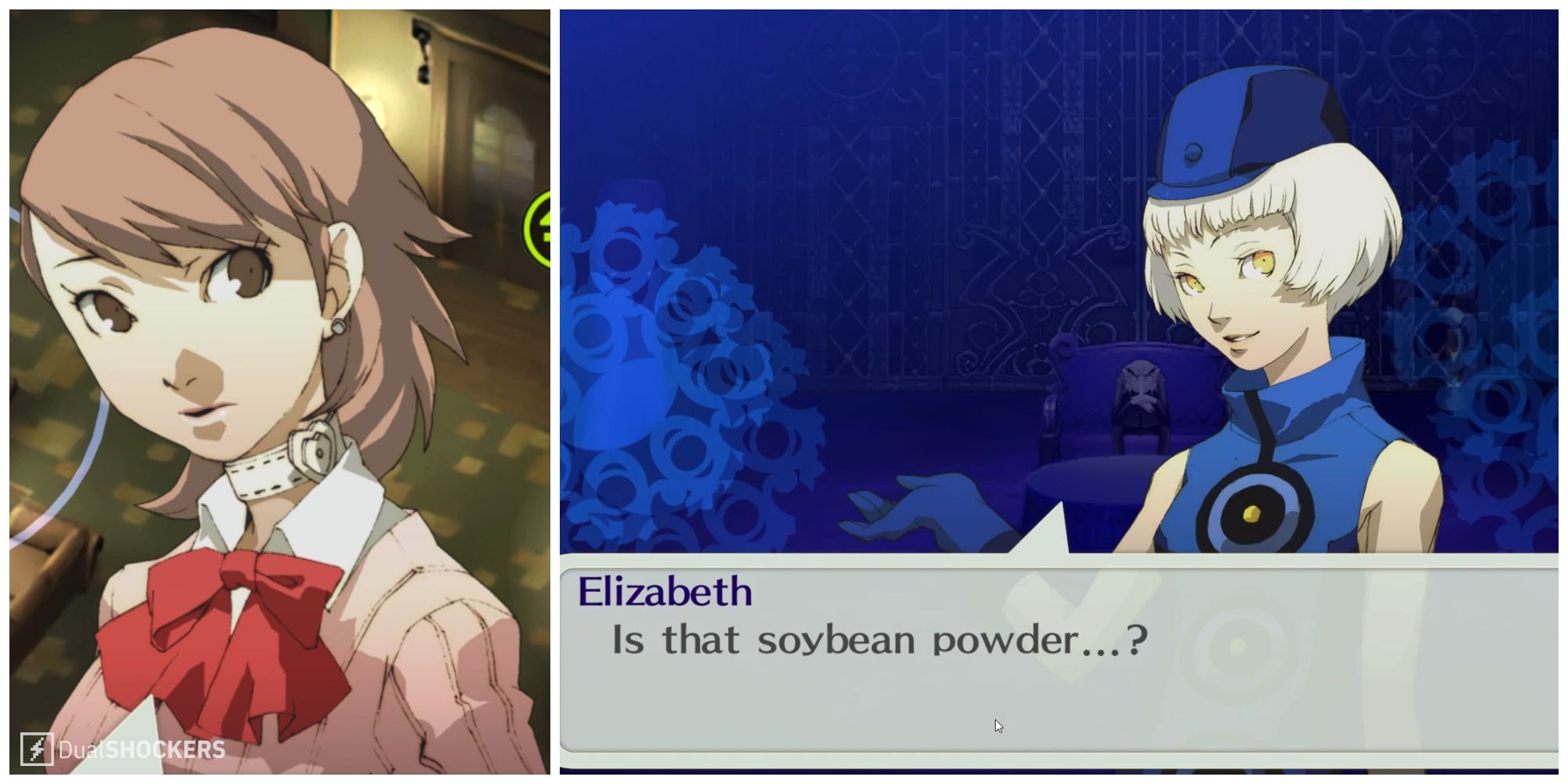 Split image of the character Yukari and Elizabeth after giving her the Pine Resin in Persona 3 Portable.