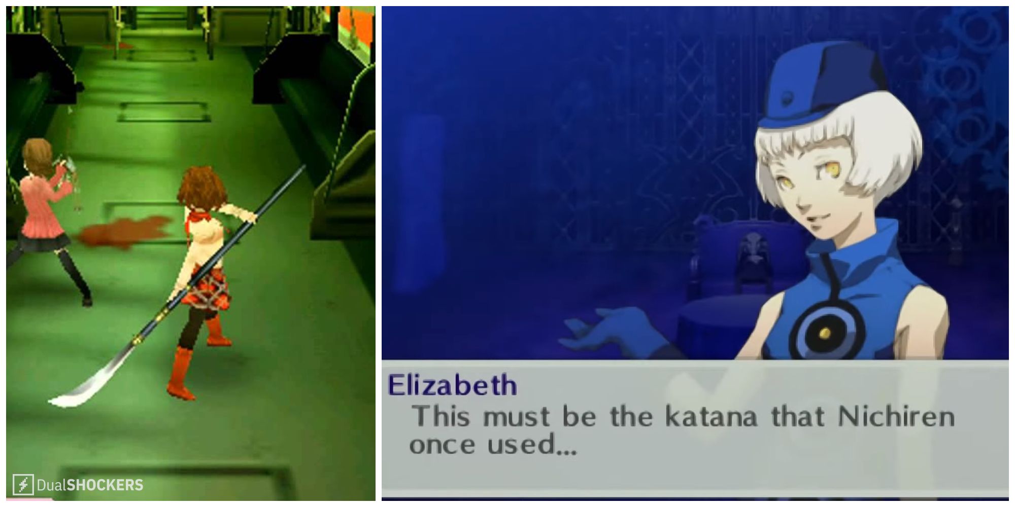Split image of a character with the Juzumaru weapon and Elizabeth after receiving the weapon in Persona 3 Portable.