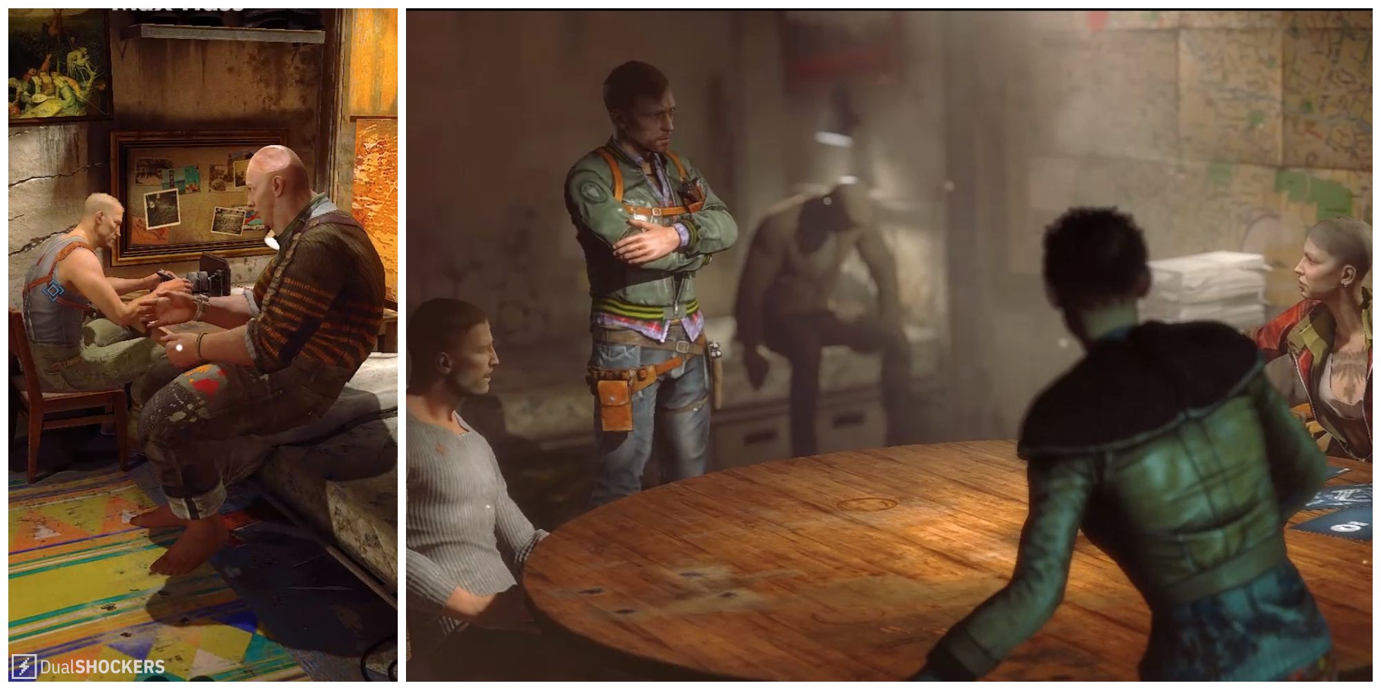 Split image of Klaus and Max in their room and the whole Kreisau Circle in their HQ in Wolfenstein: The New Order.