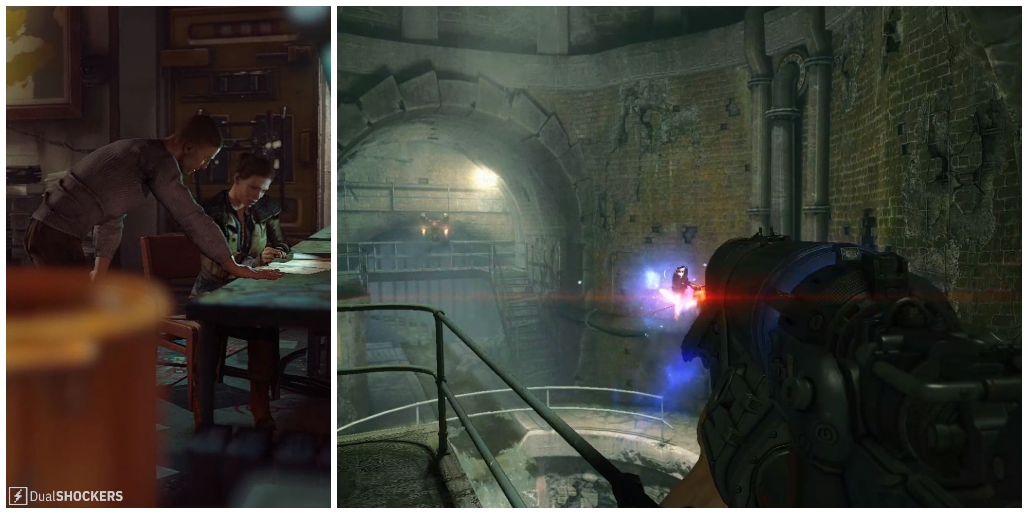 Split image of Blazkowicz and Anya in a cutscene and a battle with a drone in Chapter 7 of Wolfenstein: The New Order.