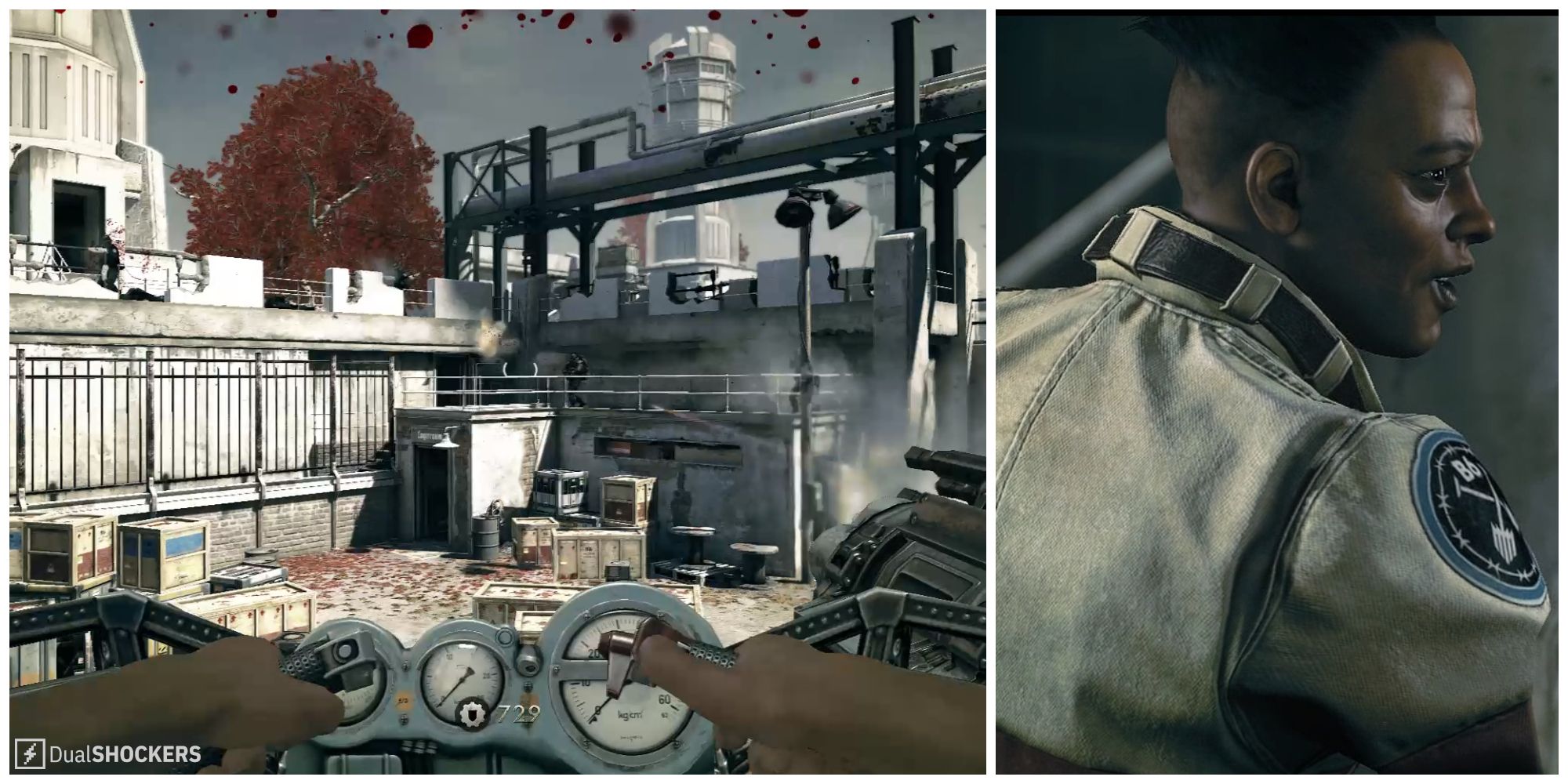 Split image of Blazkowicz using an enemy robot in Camp Belica and Bombate in a cutscene in Wolfenstein: The New Order.
