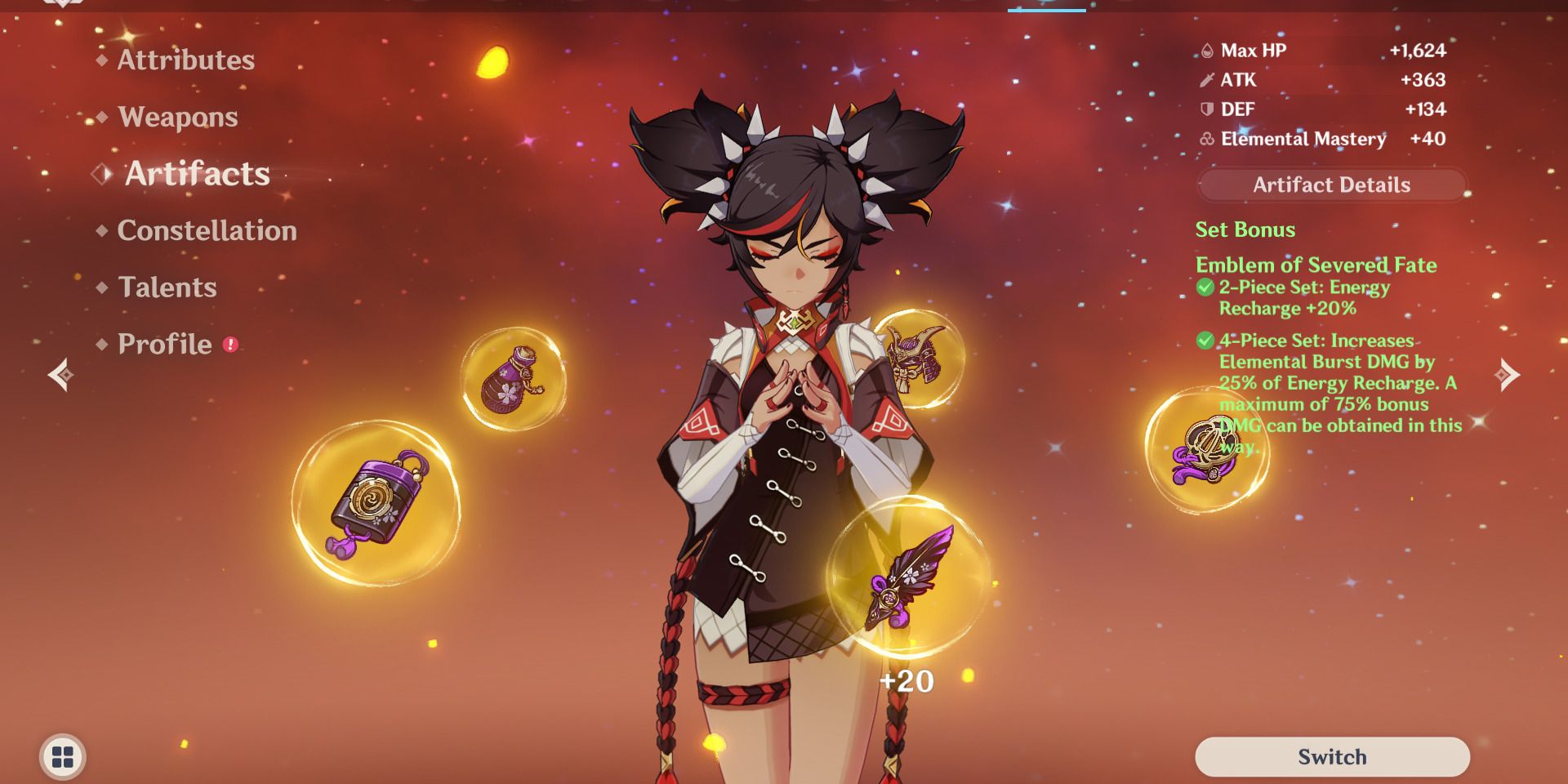 Image of Xinyan with the Emblem of Severed Fate artifact set in Genshin Impact.