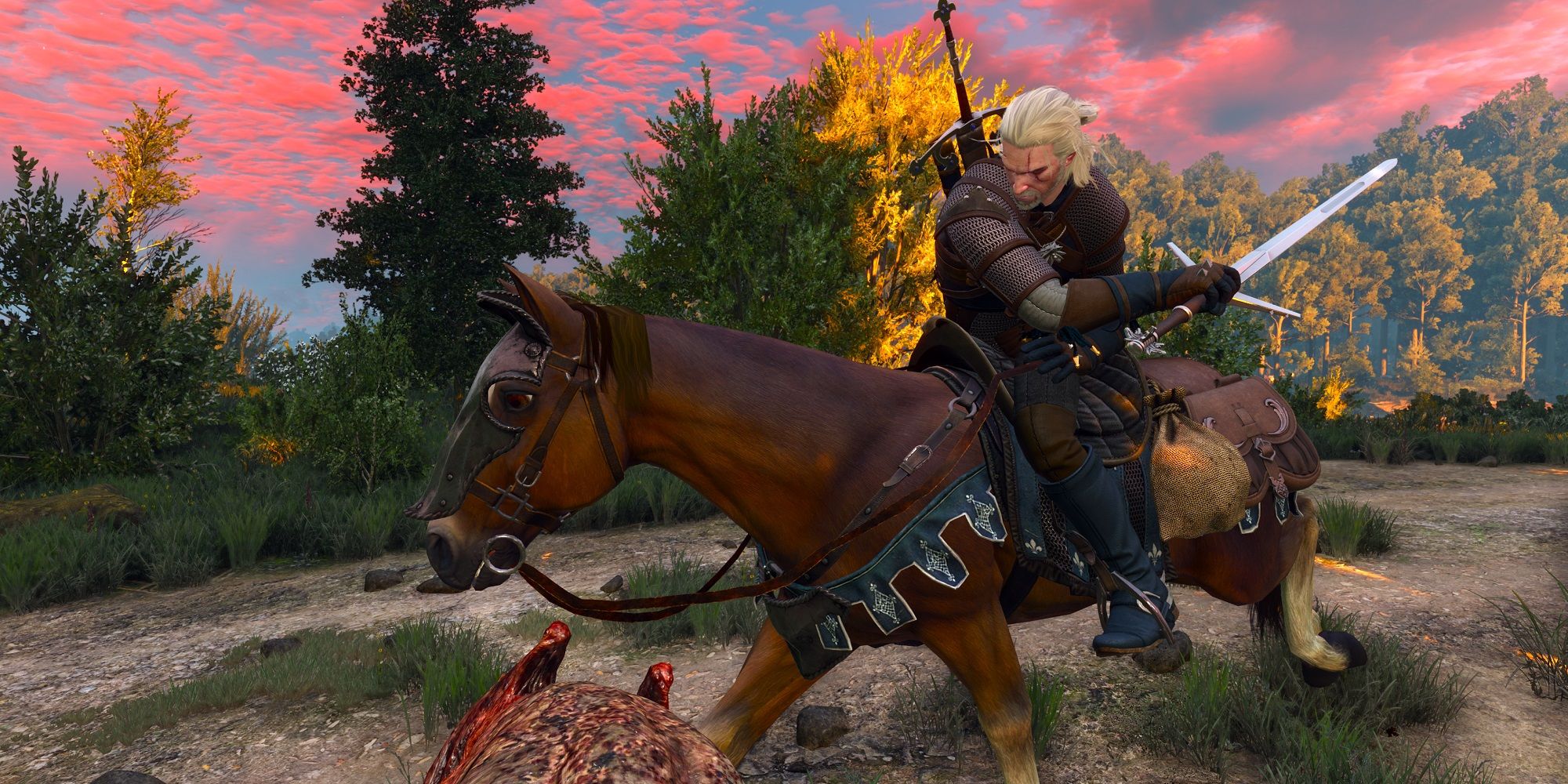 The Witcher 3 Wild Hunt Remastered Geralt Riding Roach Horseback Combat Sunset