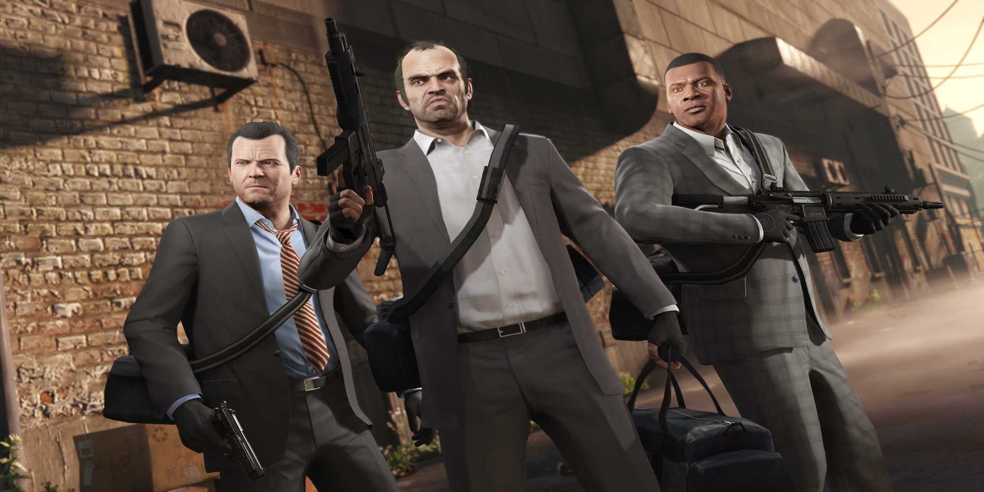 Trevor, Michael, and Franklin all wearing suits and holding guns (Grand Theft Auto V)
