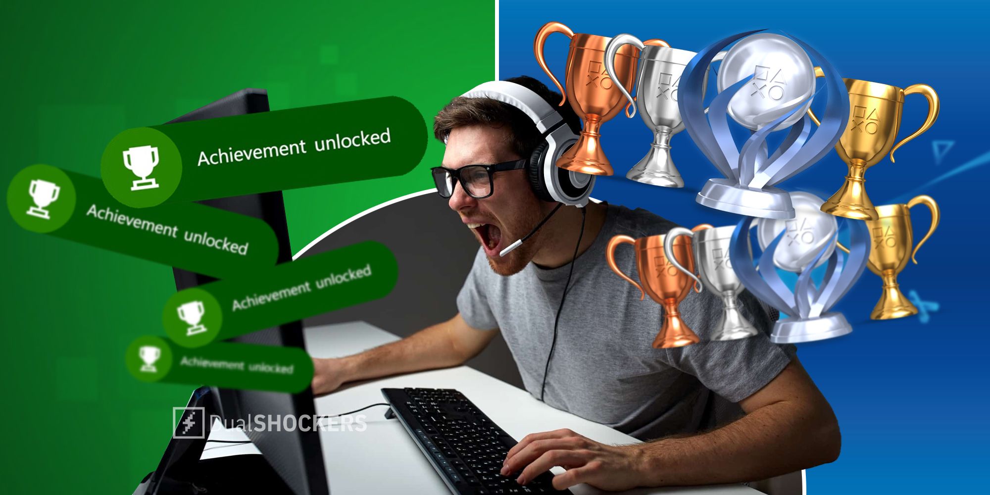 Man screaming at computer with headset on and Xbox Achievement pop-ups and Playstation Trophies