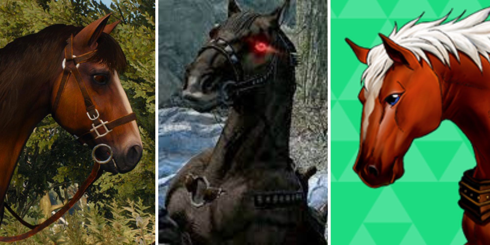 split image of three video game horses